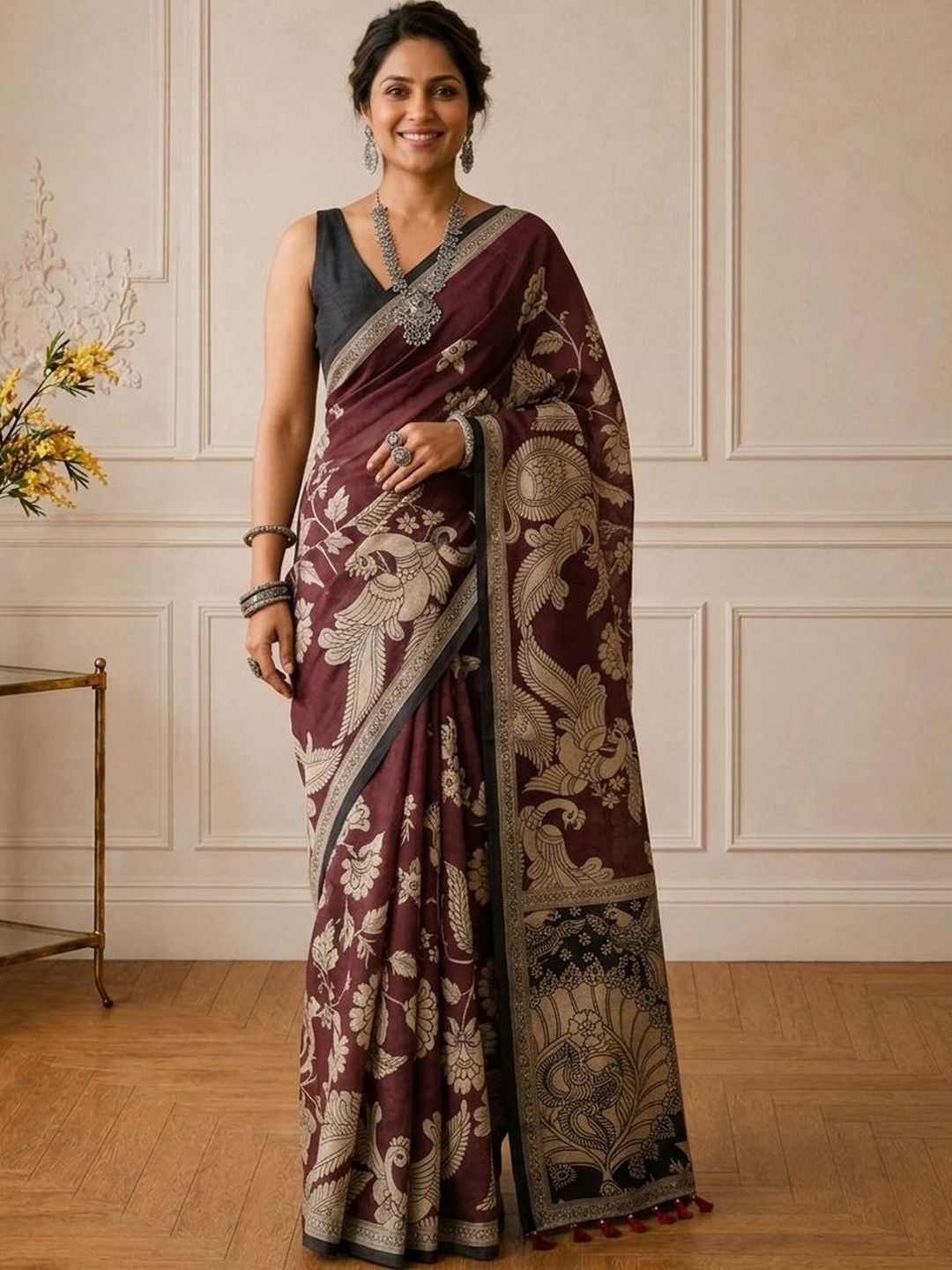 AANVI Handloom Block Print Kalamkari Art Silk Saree