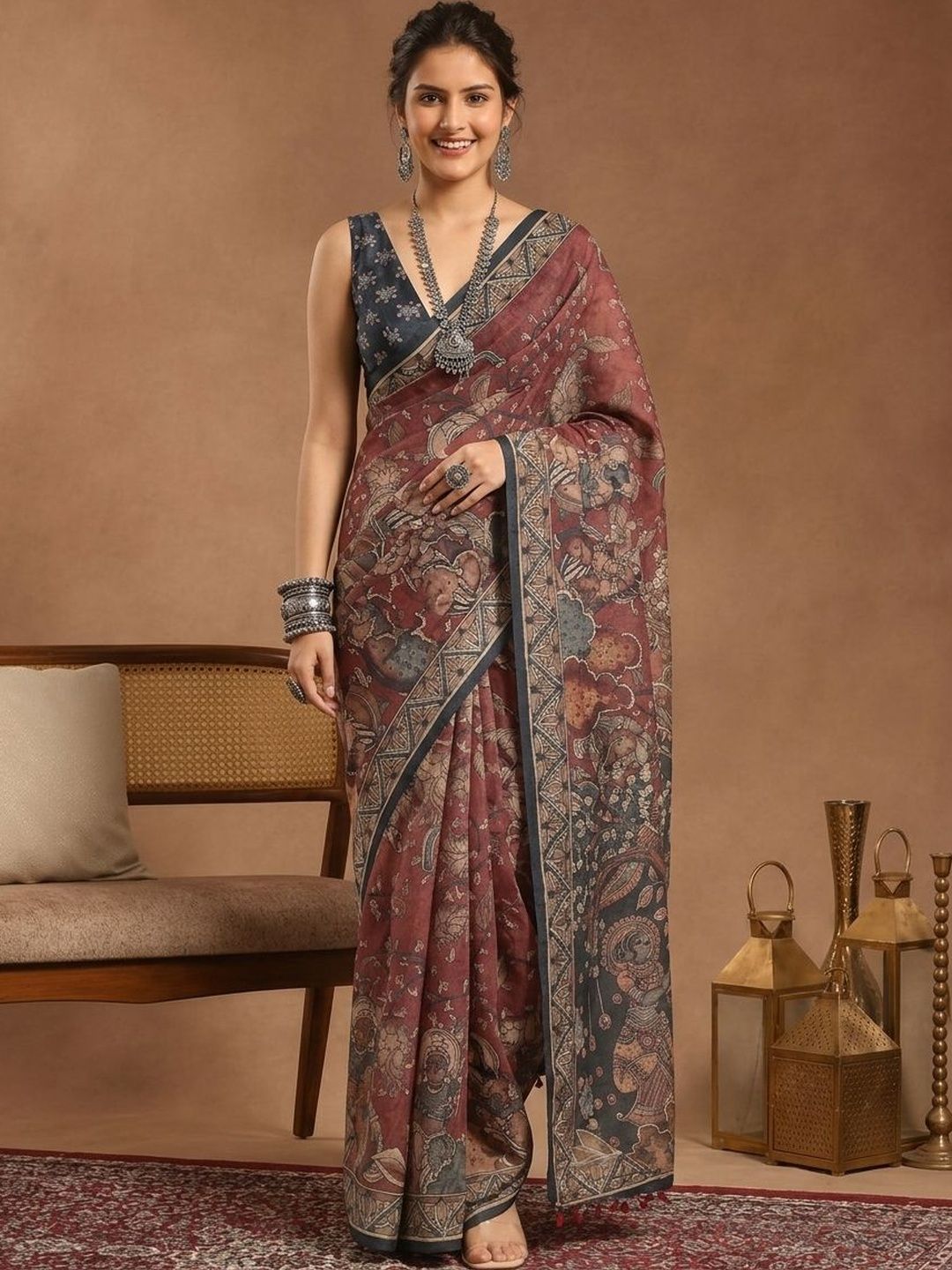 Aanvi Handloom Block Print Kalamkari Silk Saree