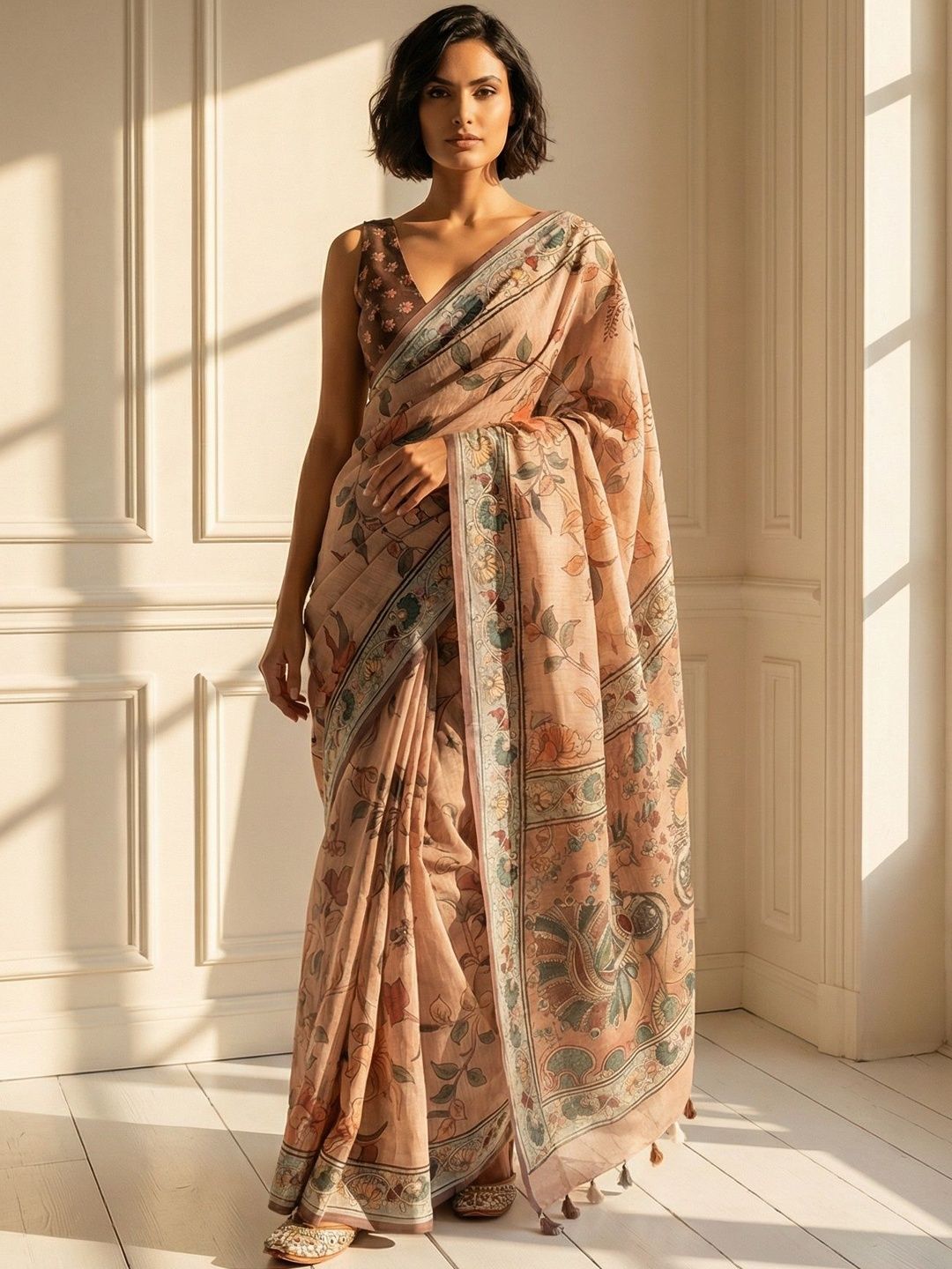 AANVI Linen Blend Kalamkari Saree with Block Print