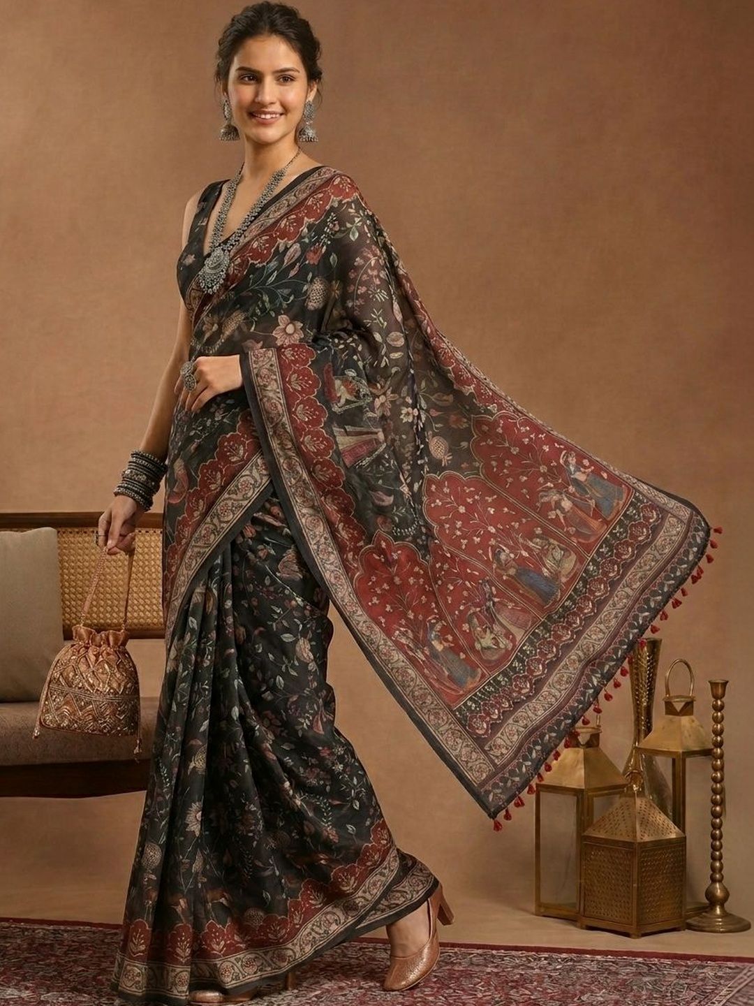 Aanvi Silk Blend Block Printed Kalamkari Saree