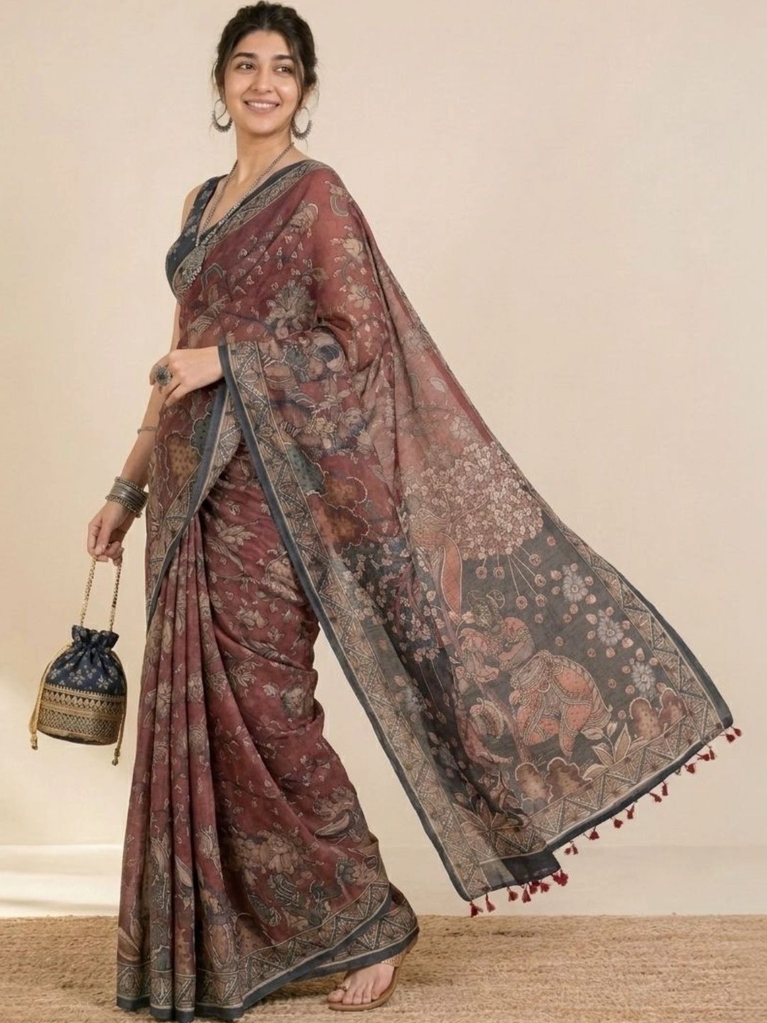 Aanvi Silk Blend Kalamkari Block Print Saree