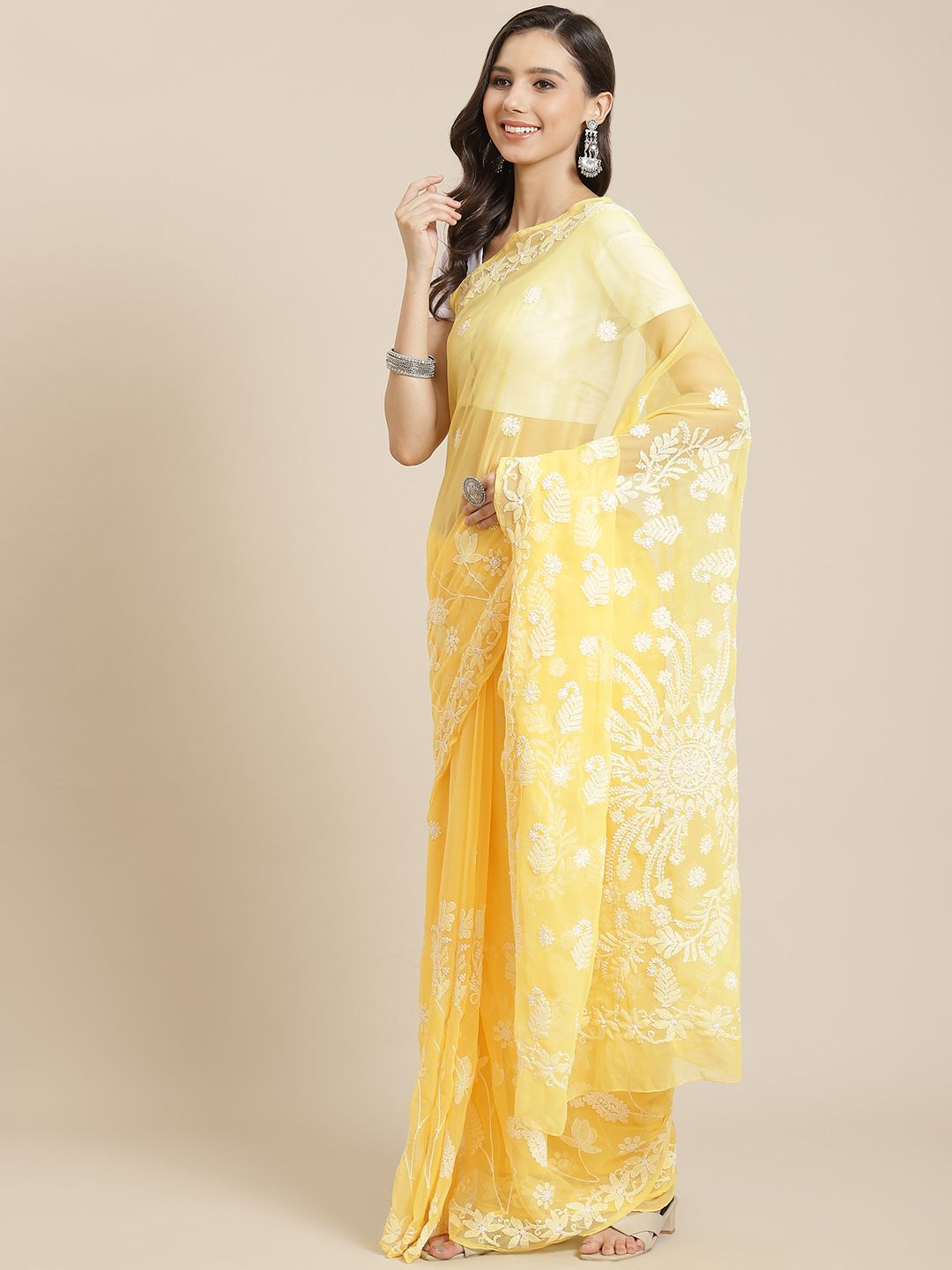 ADA Yellow and White Sustainable Chikankari Sarees