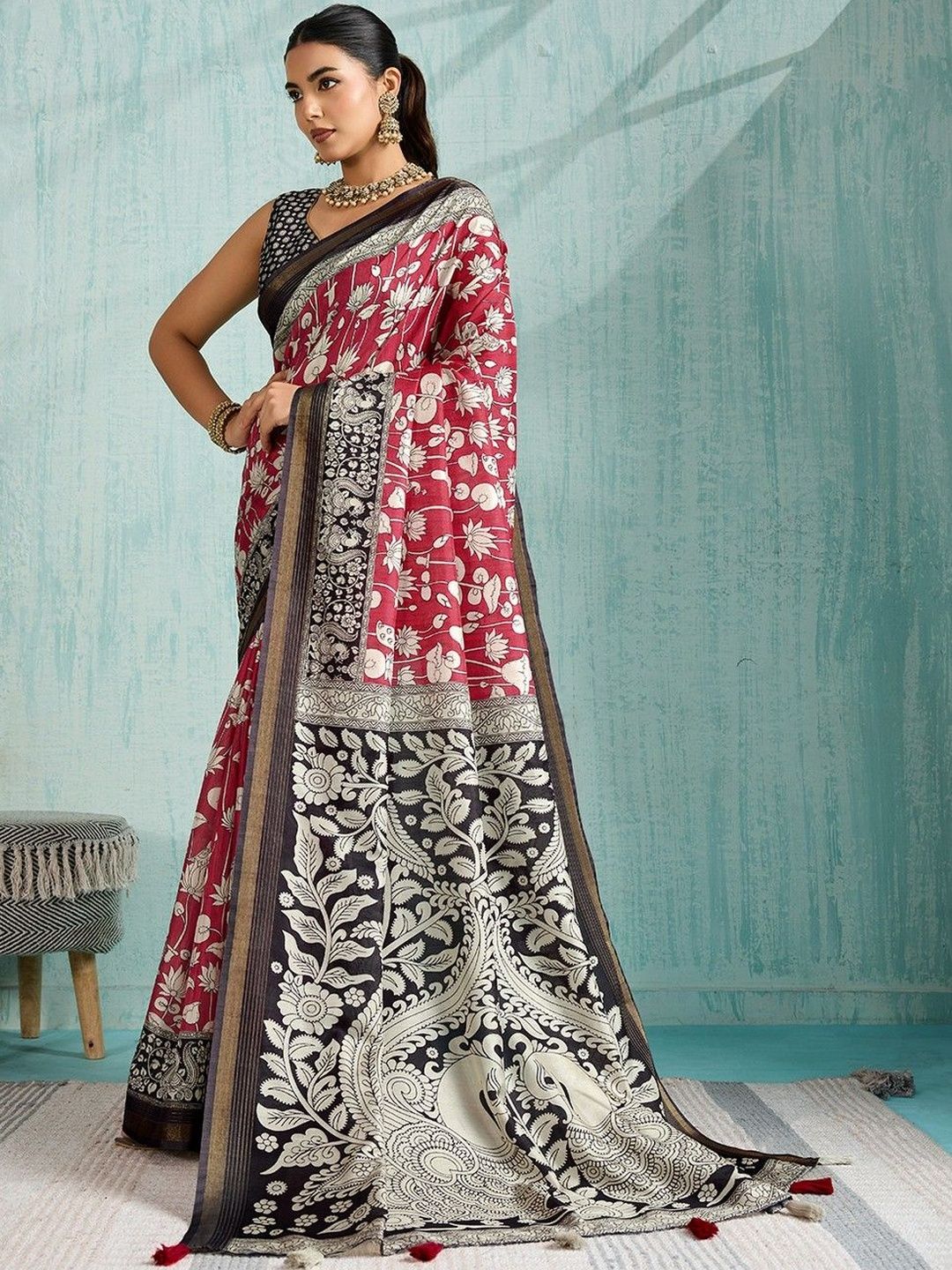 All About You Kalamkari Saree with Zari Border & Tassels