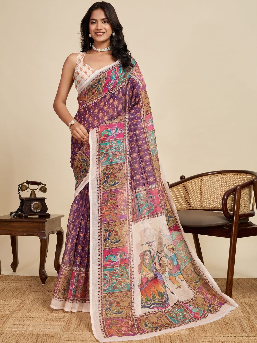 All About You Printed Zari Pure Linen Kalamkari Saree