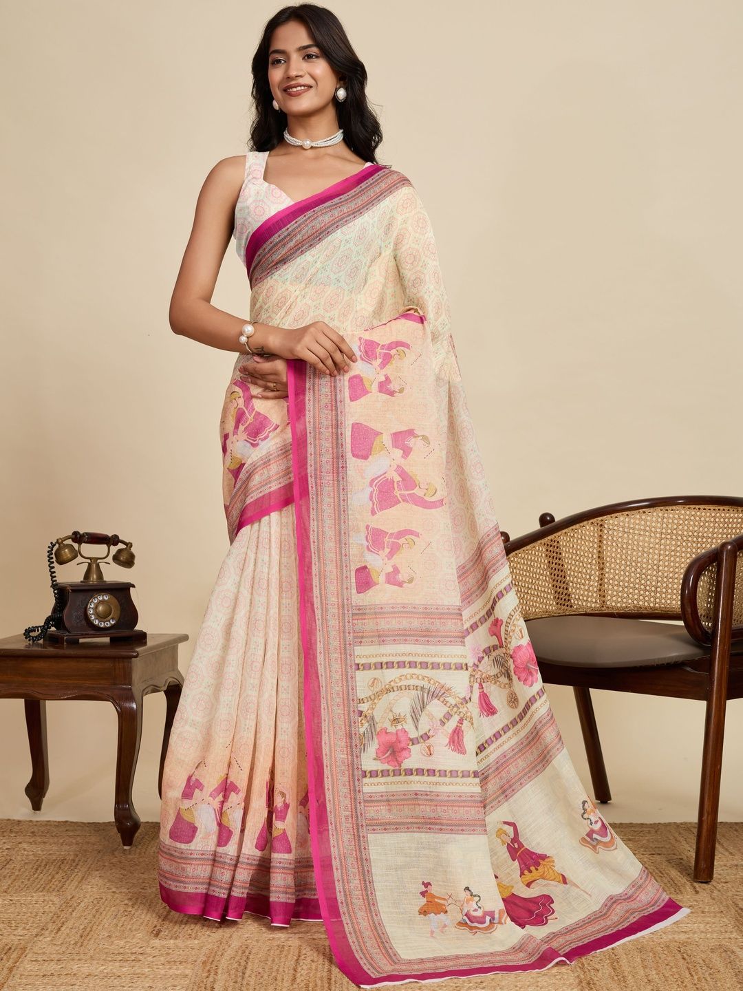 All About You Zari Pure Linen Kalamkari Saree