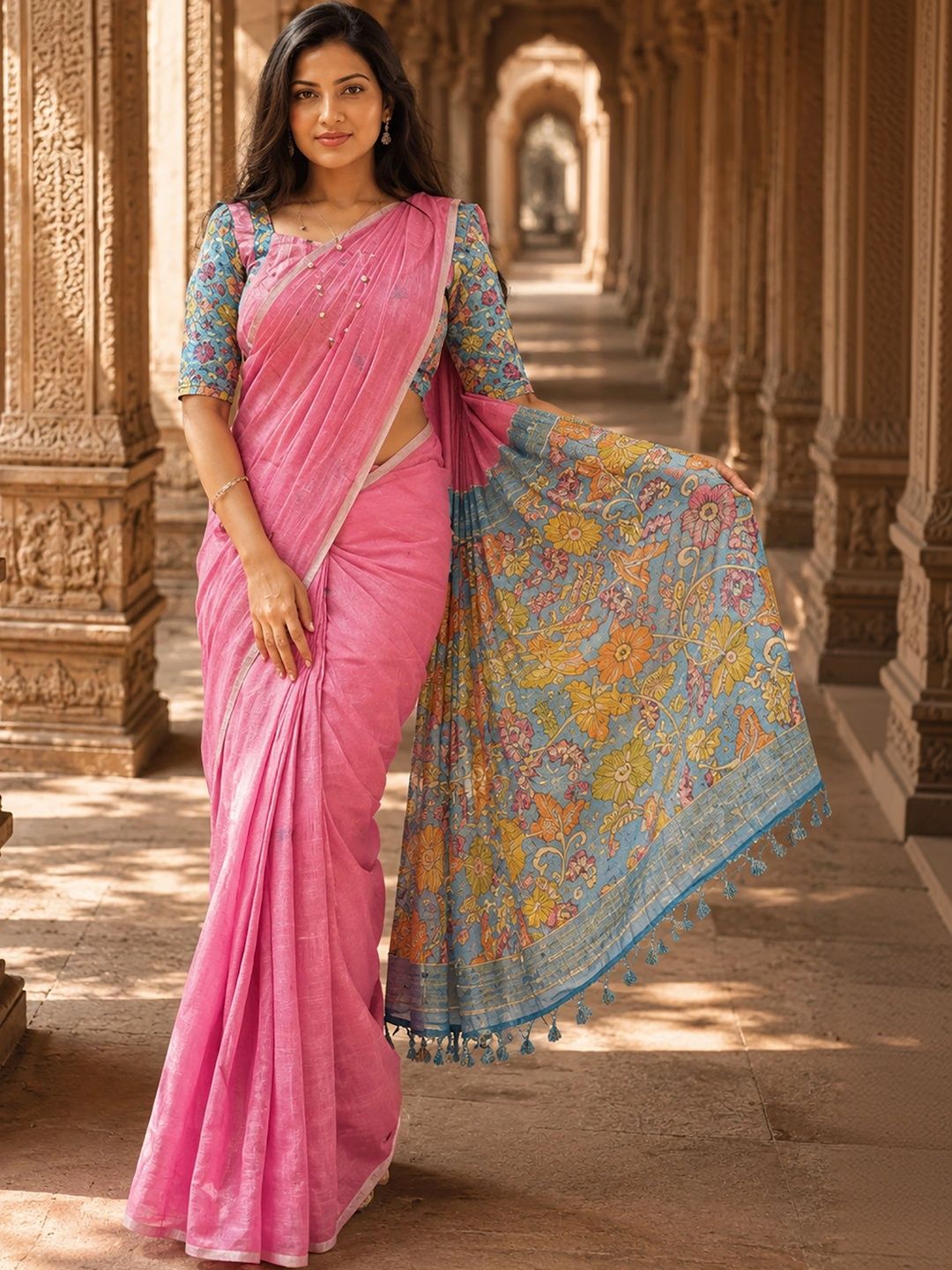 Anjaneya Block Print Linen Blend Kalamkari Saree