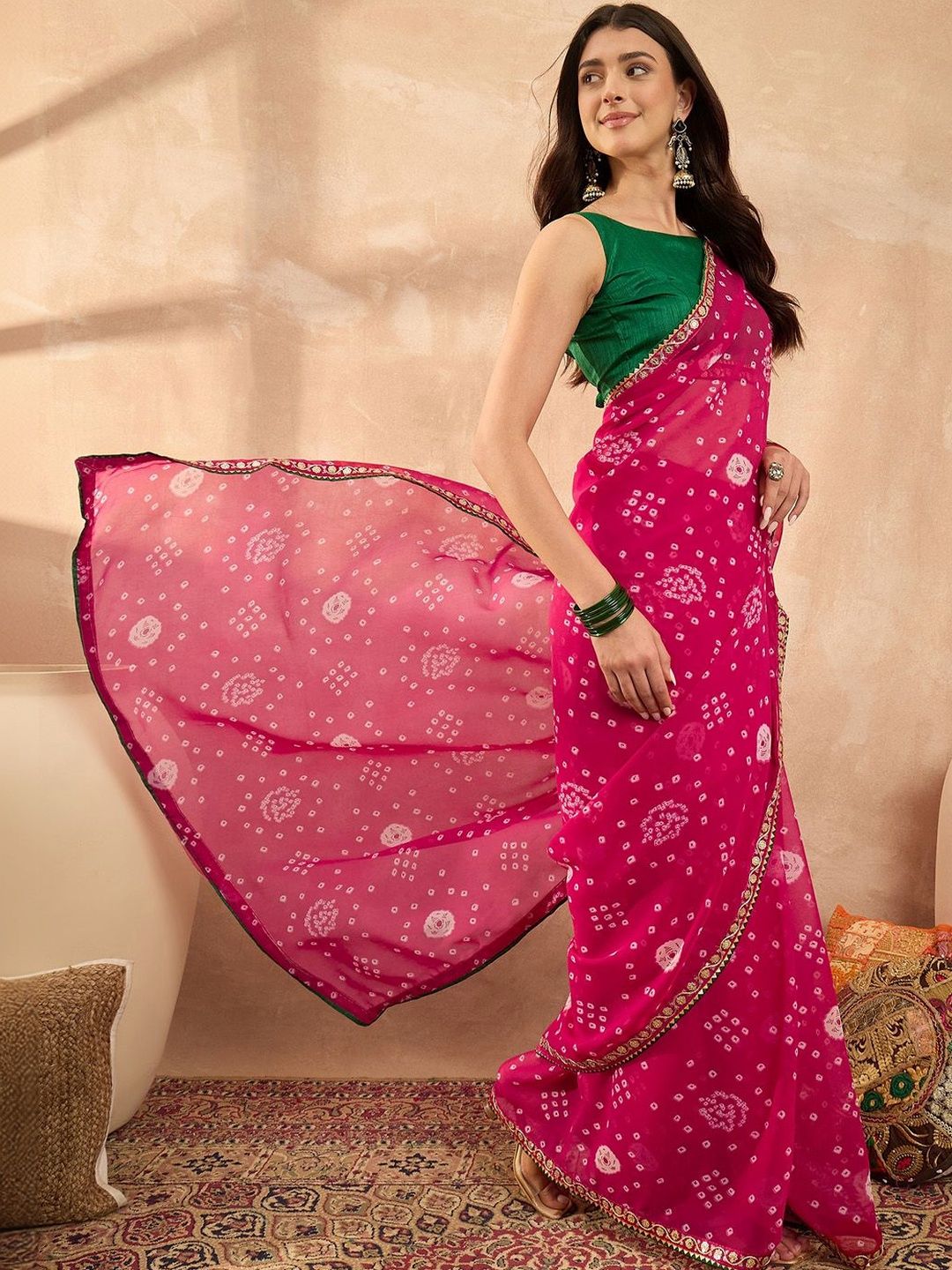 Anouk Floral Poly Georgette Bandhani Saree Women