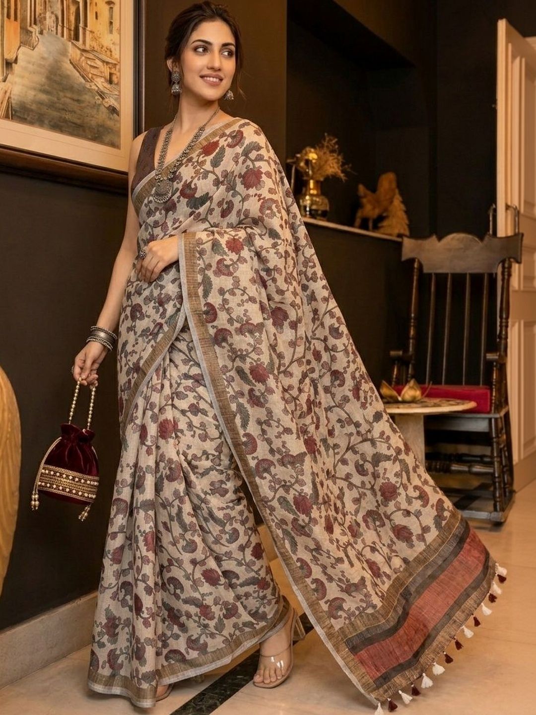 Anouk Handloom Block Print Kalamkari Linen Saree