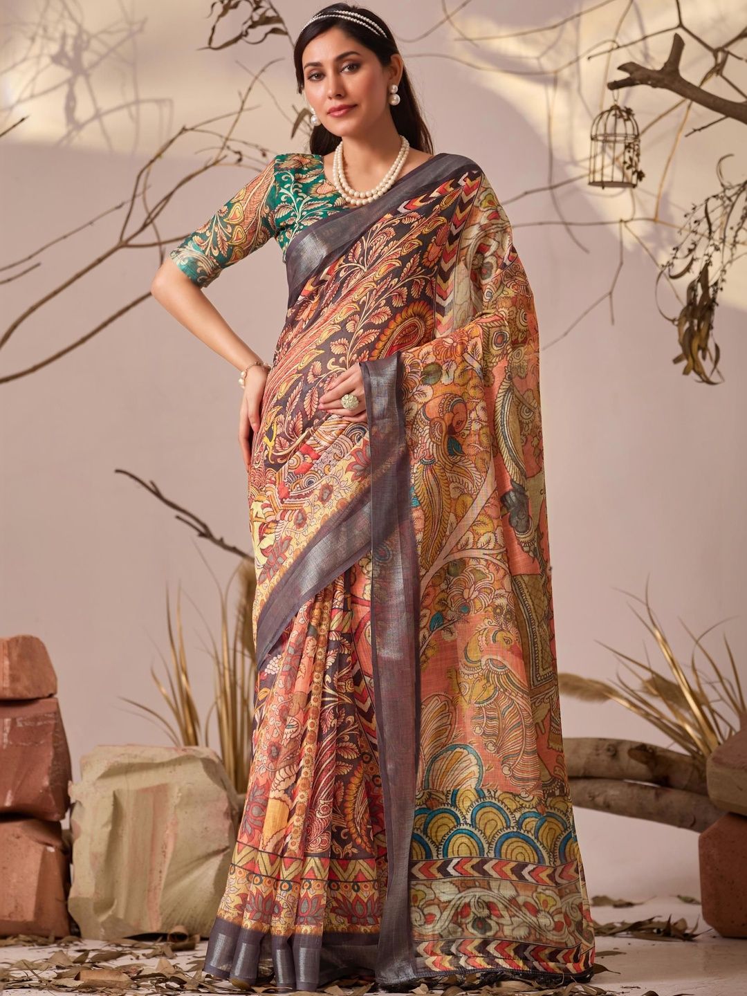 Anouk Linen Blend Patola Casual Saree For Women