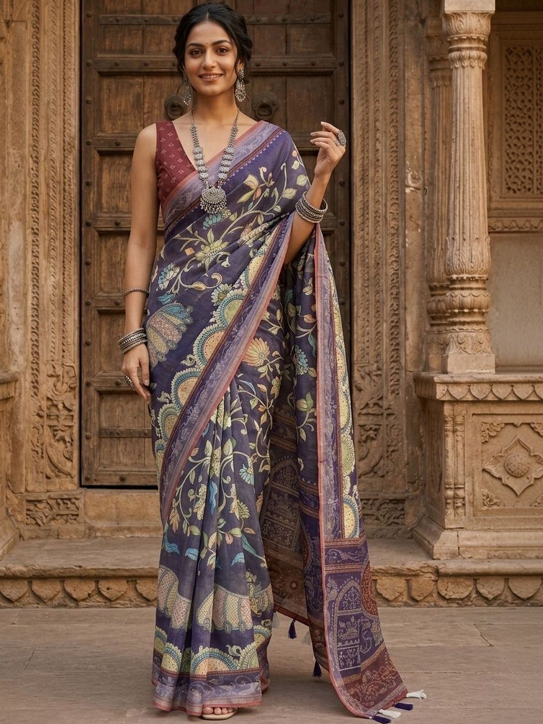 Anouk Pure Linen Kalamkari Handloom Block Print Saree