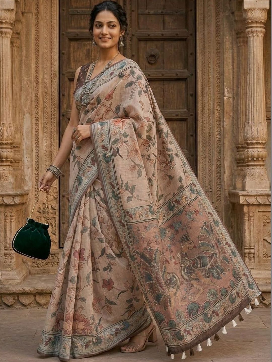 Anouk Pure Linen Kalamkari Handloom Saree