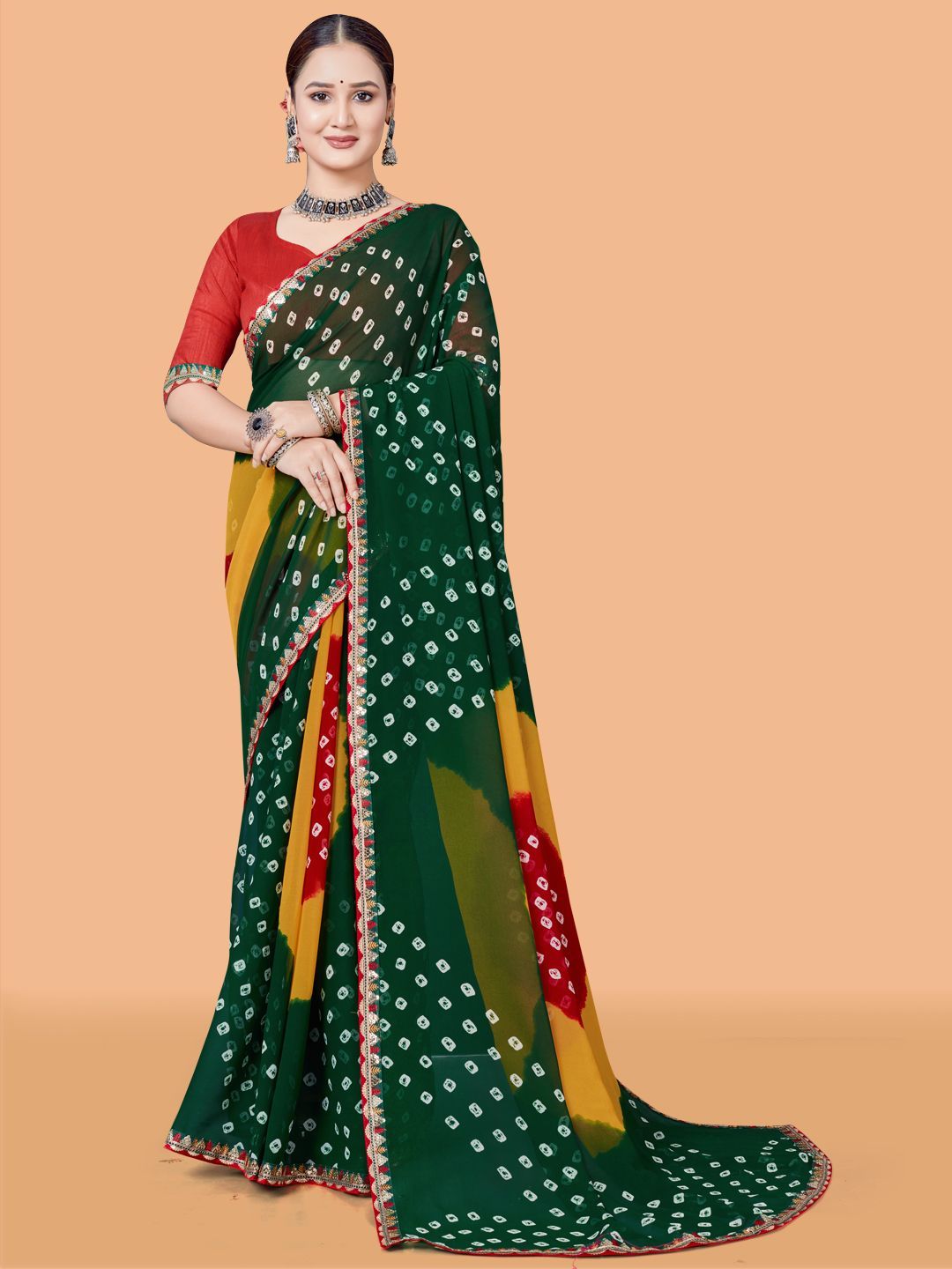 Asteyam Sequinned Pure Georgette Bandhani Saree