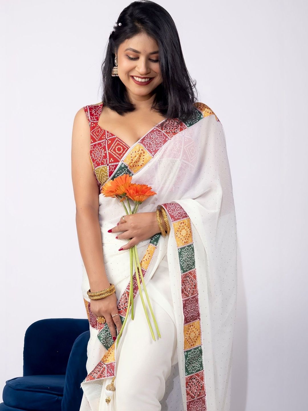 Bead Embroidered Georgette Bandhani Saree Women
