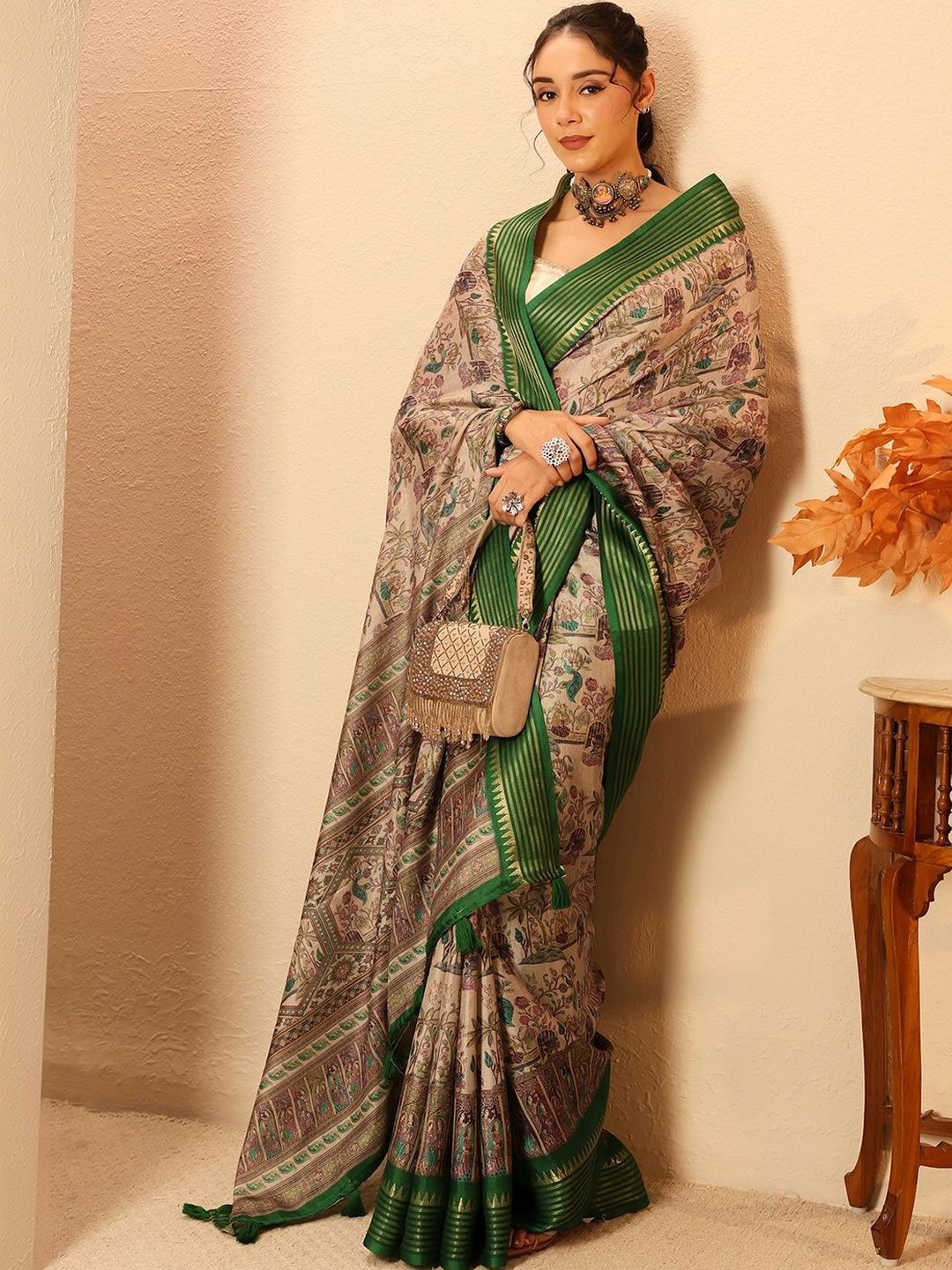 Beige Mughal Print Silk Saree