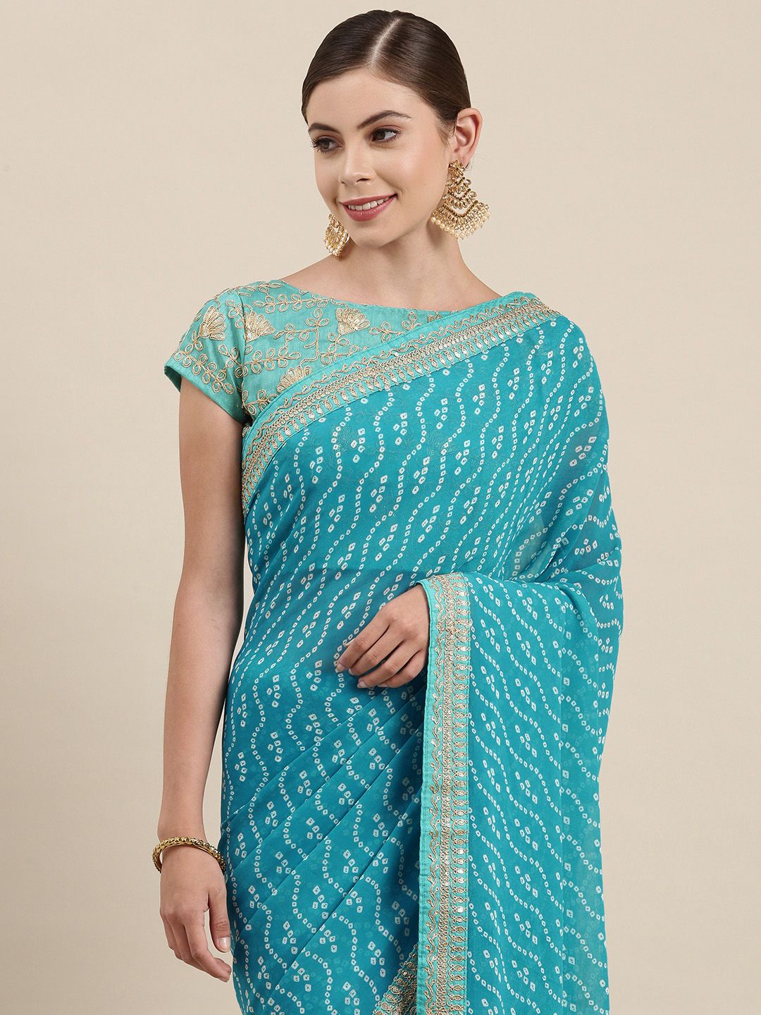 Blue Pure Georgette Bandhani Saree Women