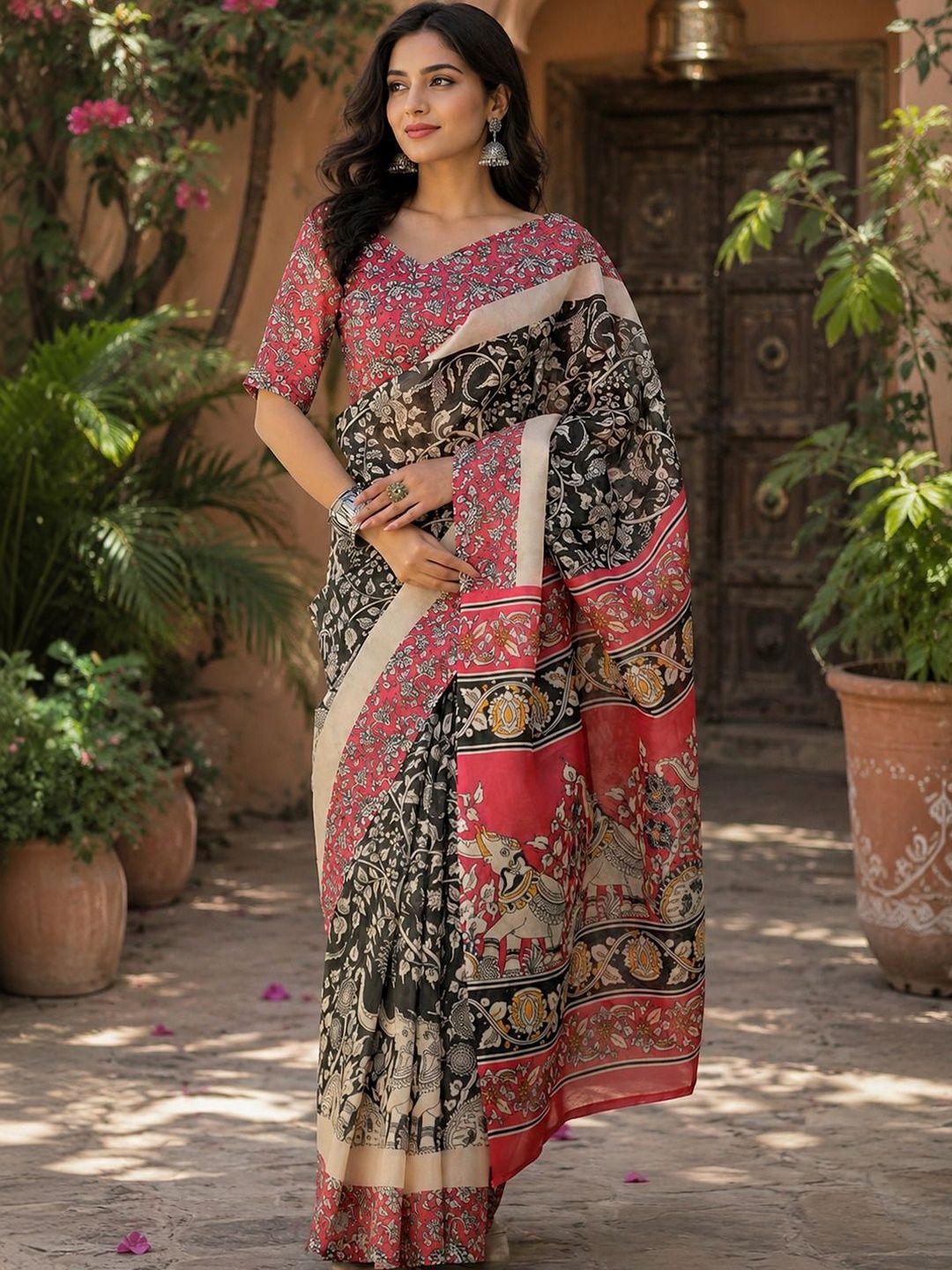 Chandbaali Linen Blend Kalamkari Saree