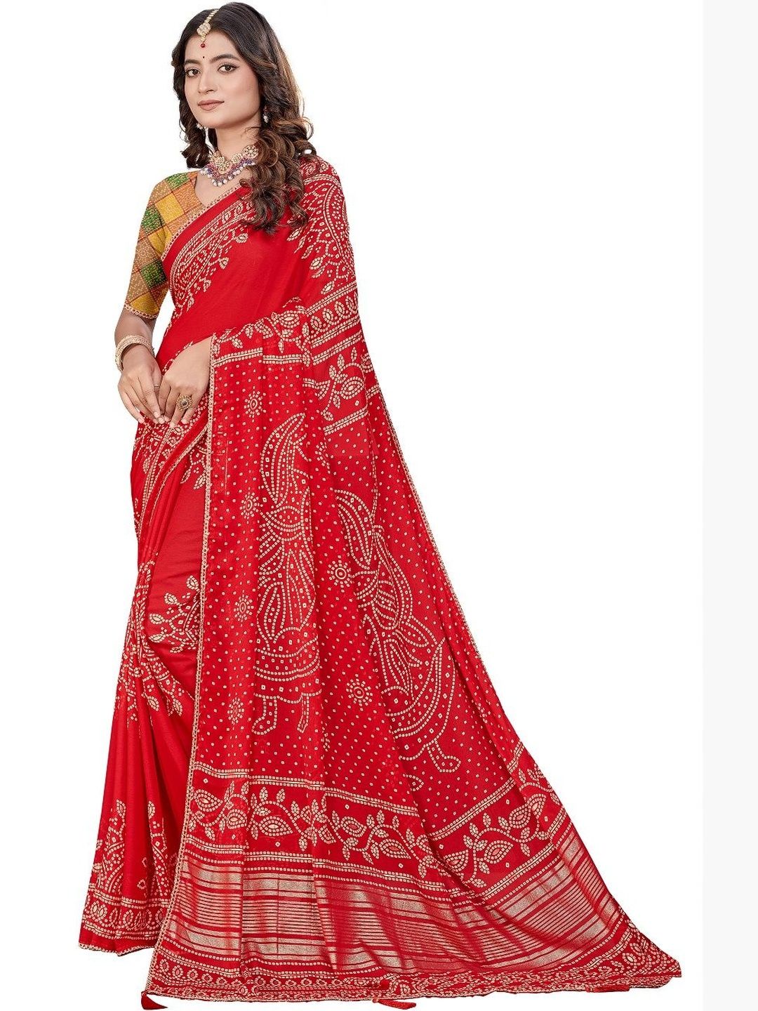 Chiffon Bandhani Saree Women Zari Work
