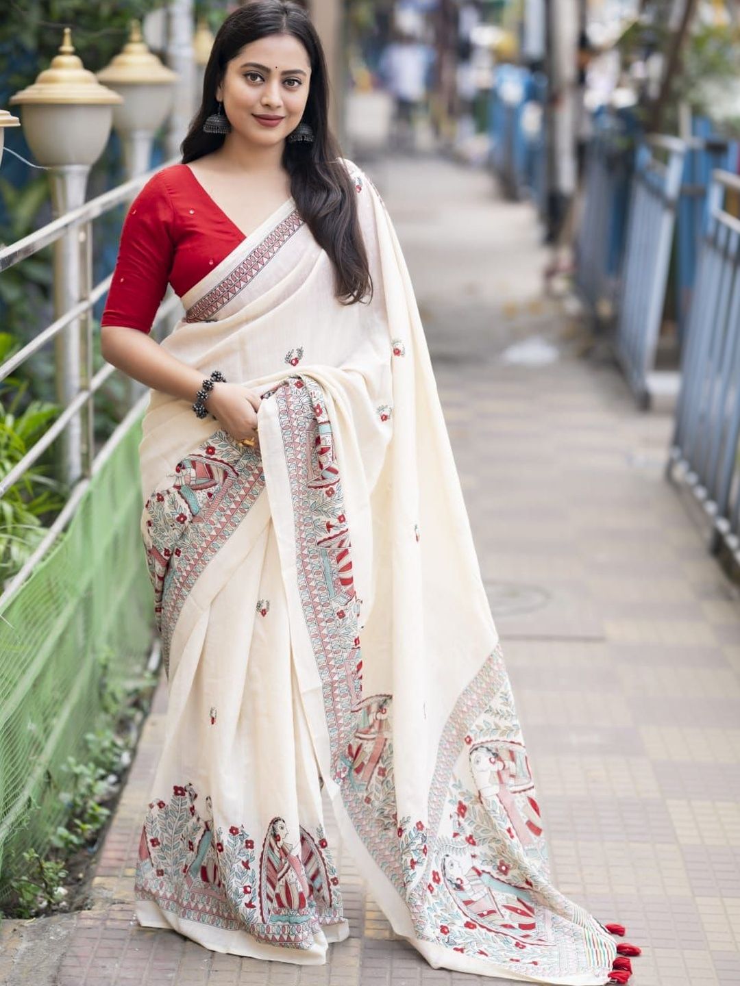 DarKau Kalamkari Mirror Work Linen Chanderi Saree