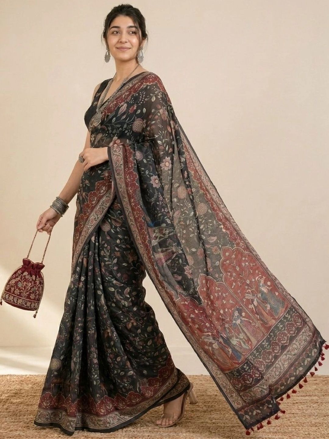 Designer Block Print Kalamkari Saree