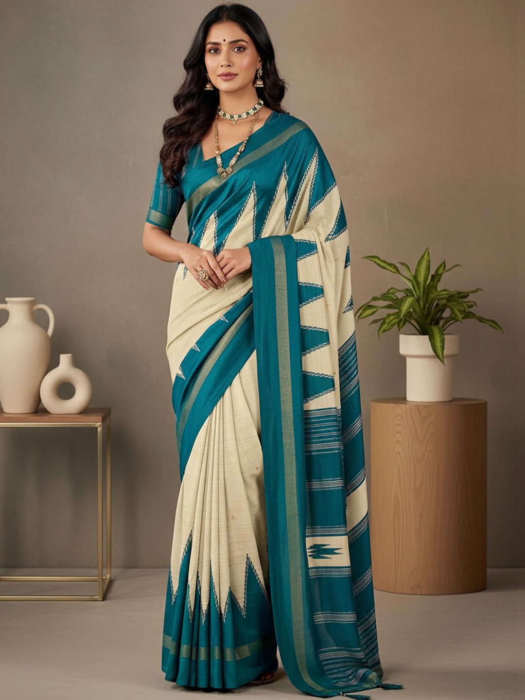 Dhaaga Ghar Blue Silk Blend Ikat Sarees