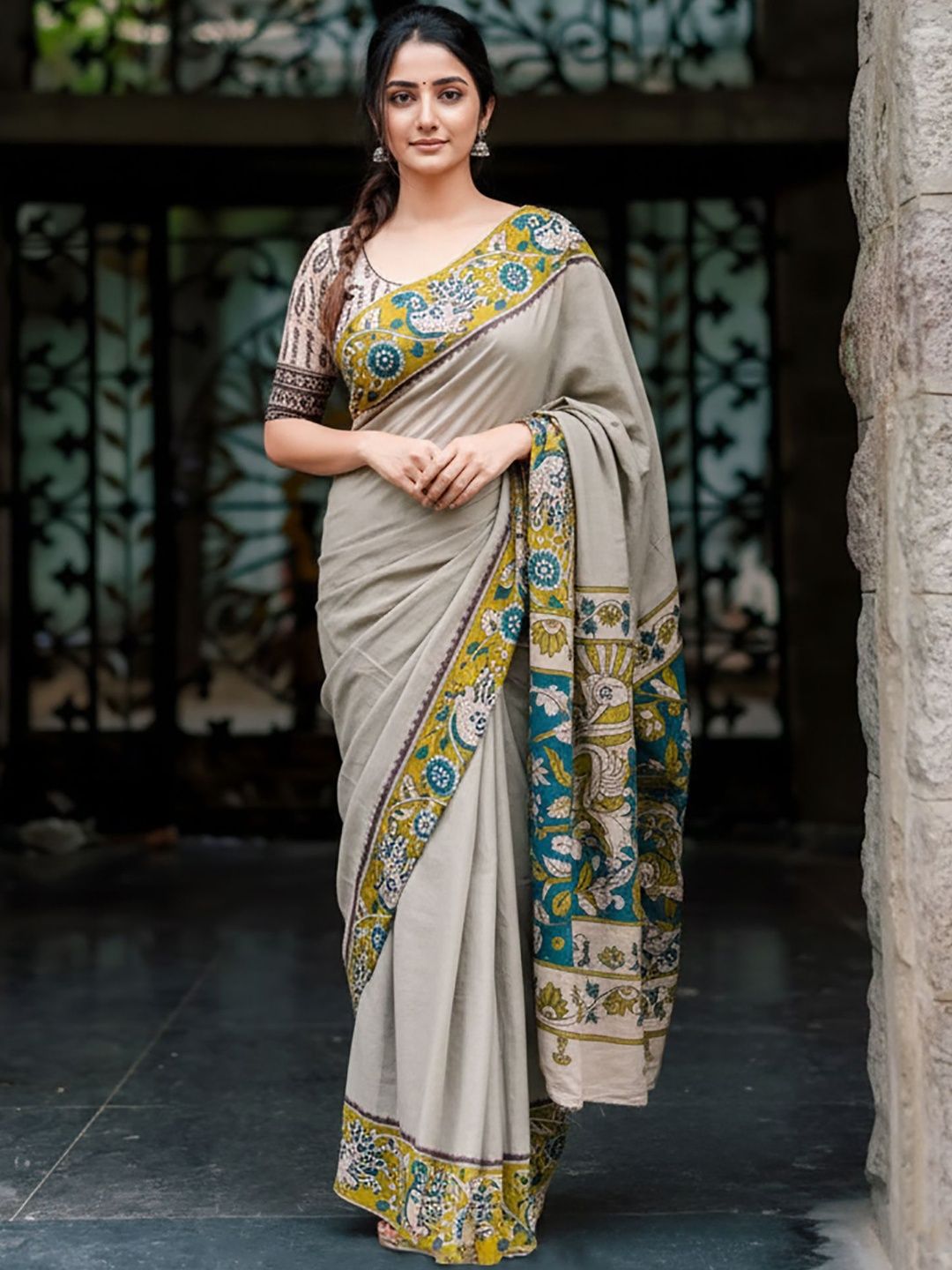 Dhaaga Ghar Linen Blend Kalamkari Block Print Saree