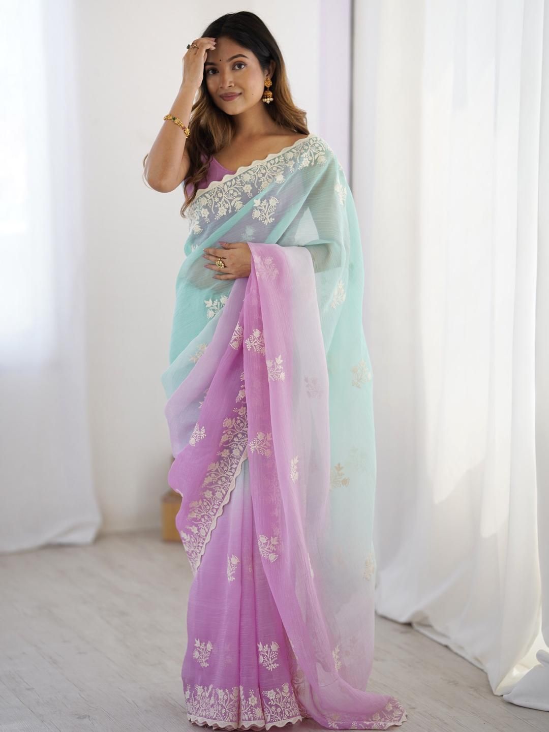 DIVASTRI Floral Silk Blend Chikankari Sarees