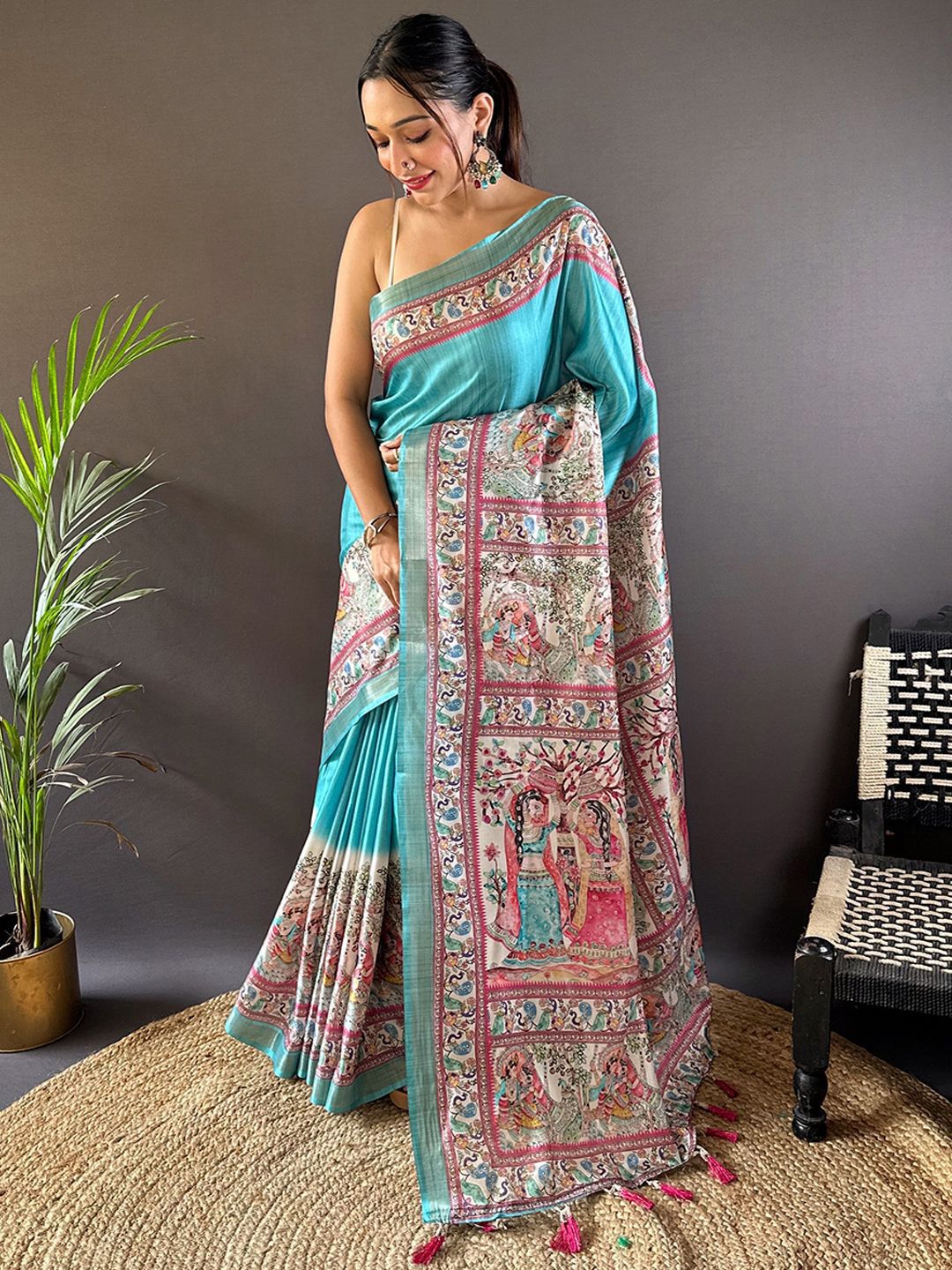 DIVASTRI Zari Silk Blend Kalamkari Tussar Saree