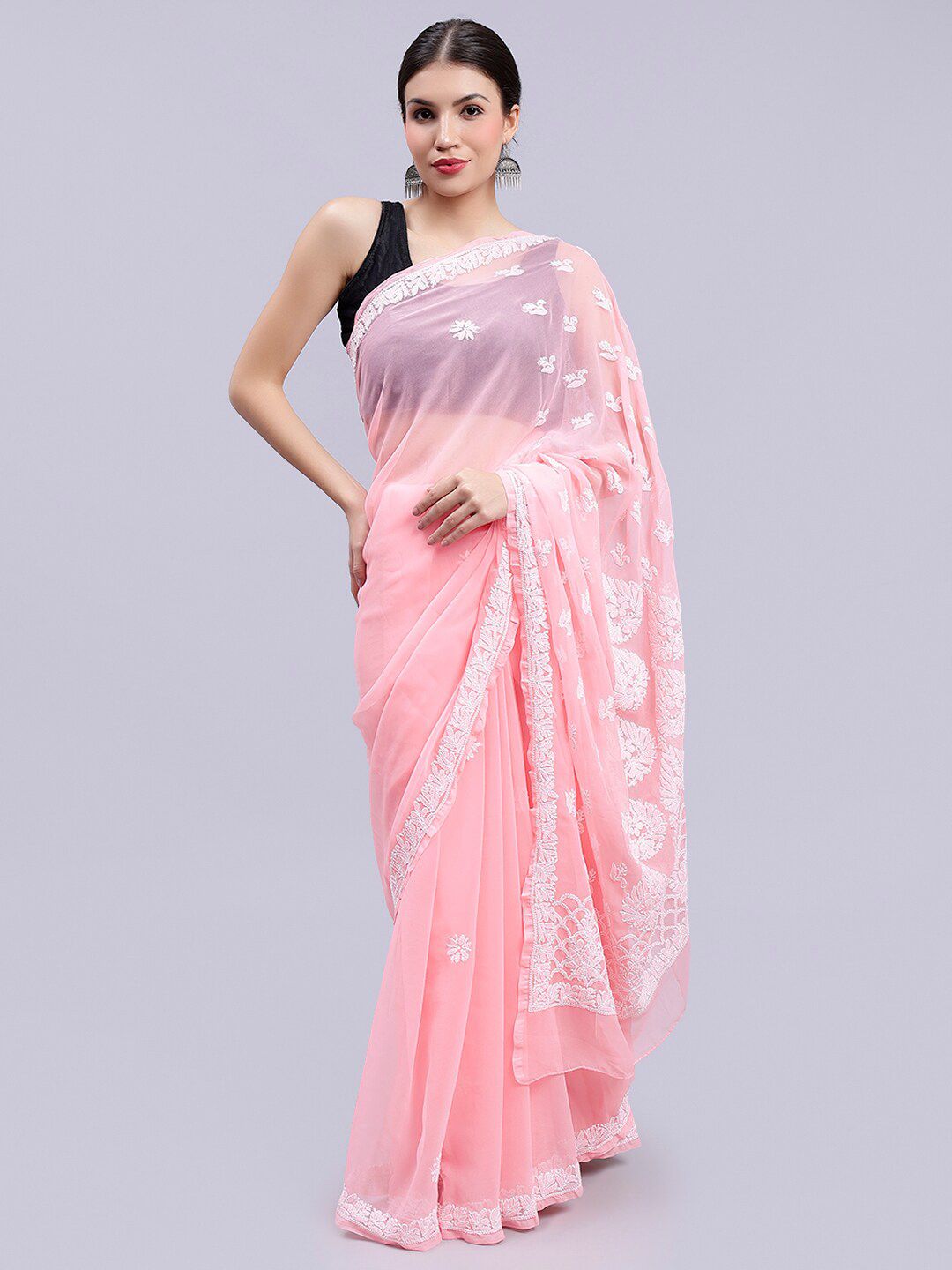 Elegant Floral Threadwork Chikankari Sarees