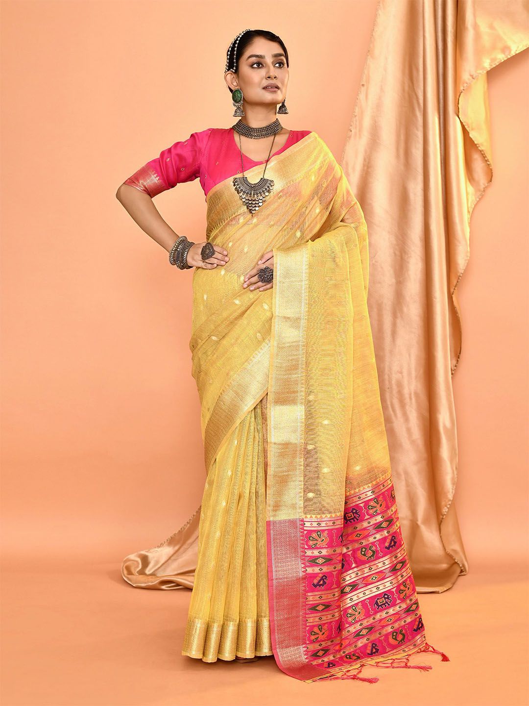 Elora Pure Linen Zari Woven Ikat Sarees Online