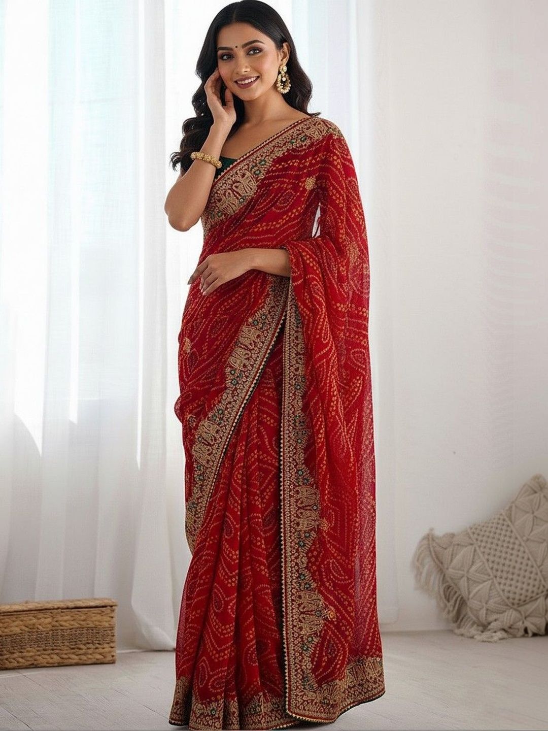 Embroidered Poly Georgette Bandhani Saree Women