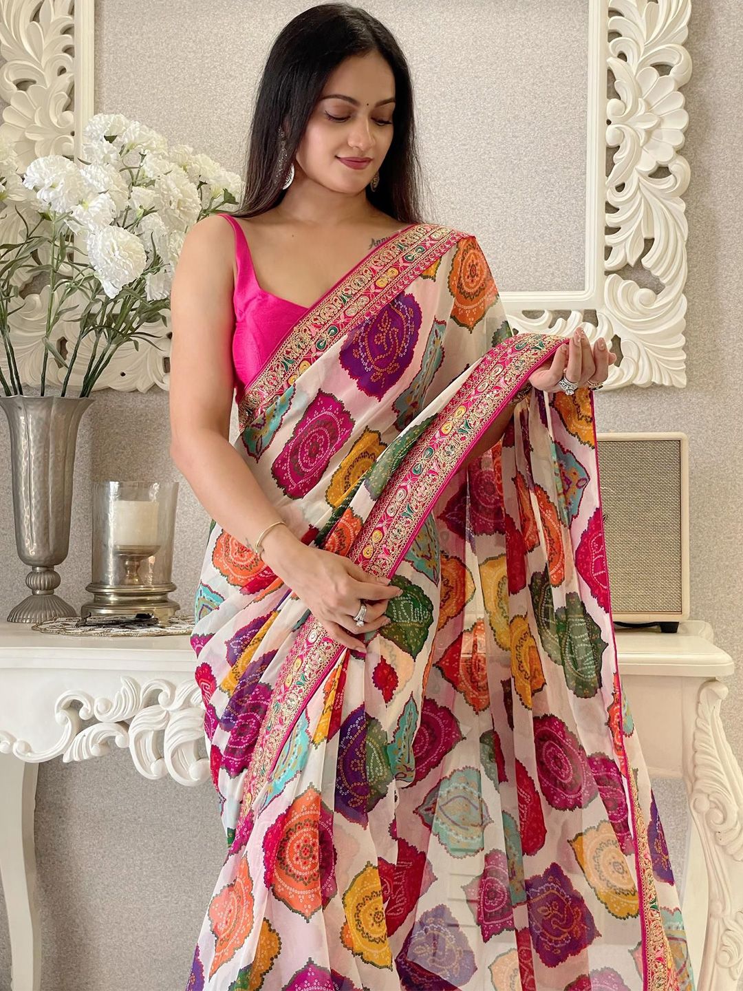 Embroidered Printed Bandhani Saree Women