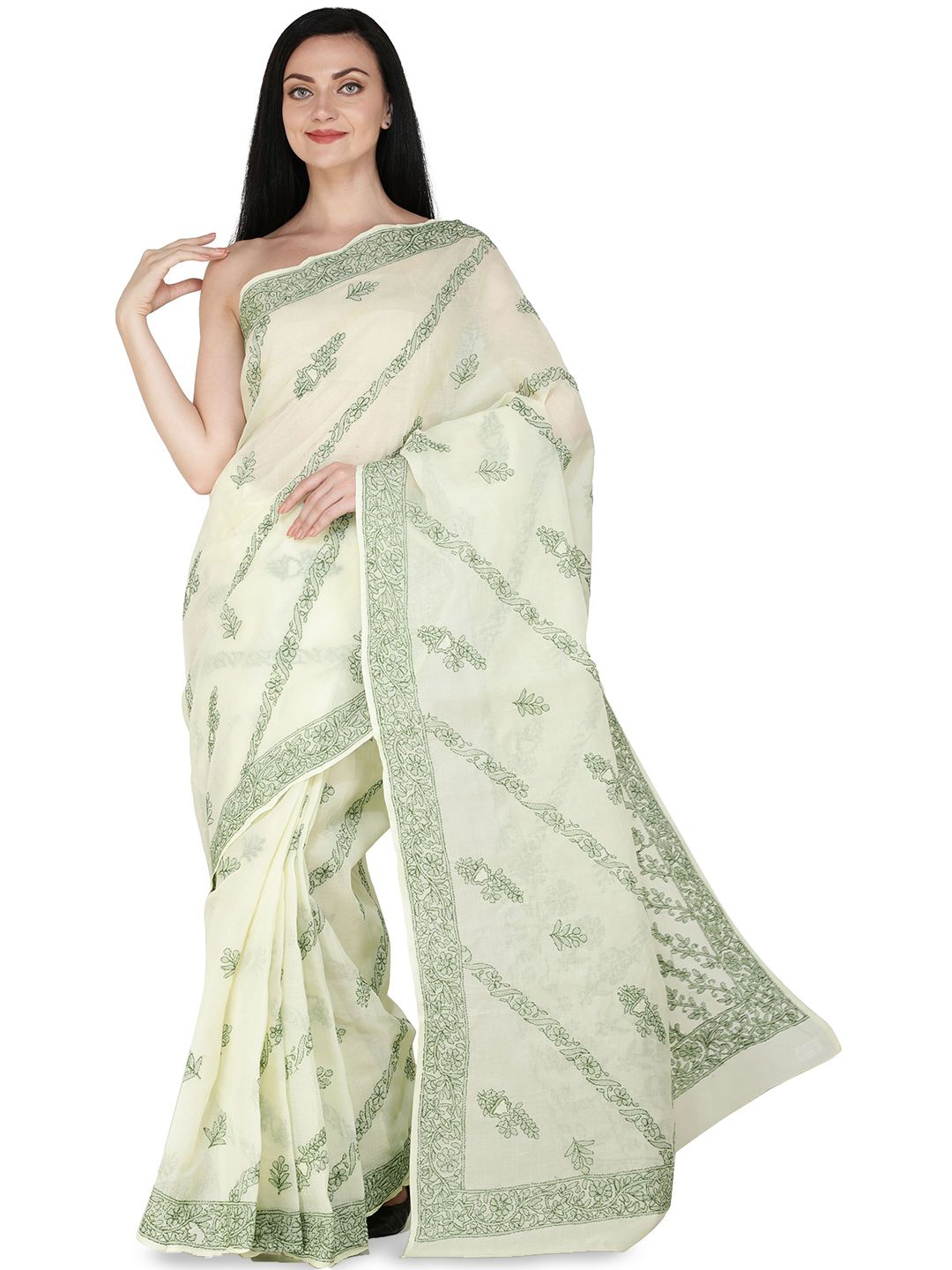 Exotic India Citron Lucknowi Chikankari Sarees