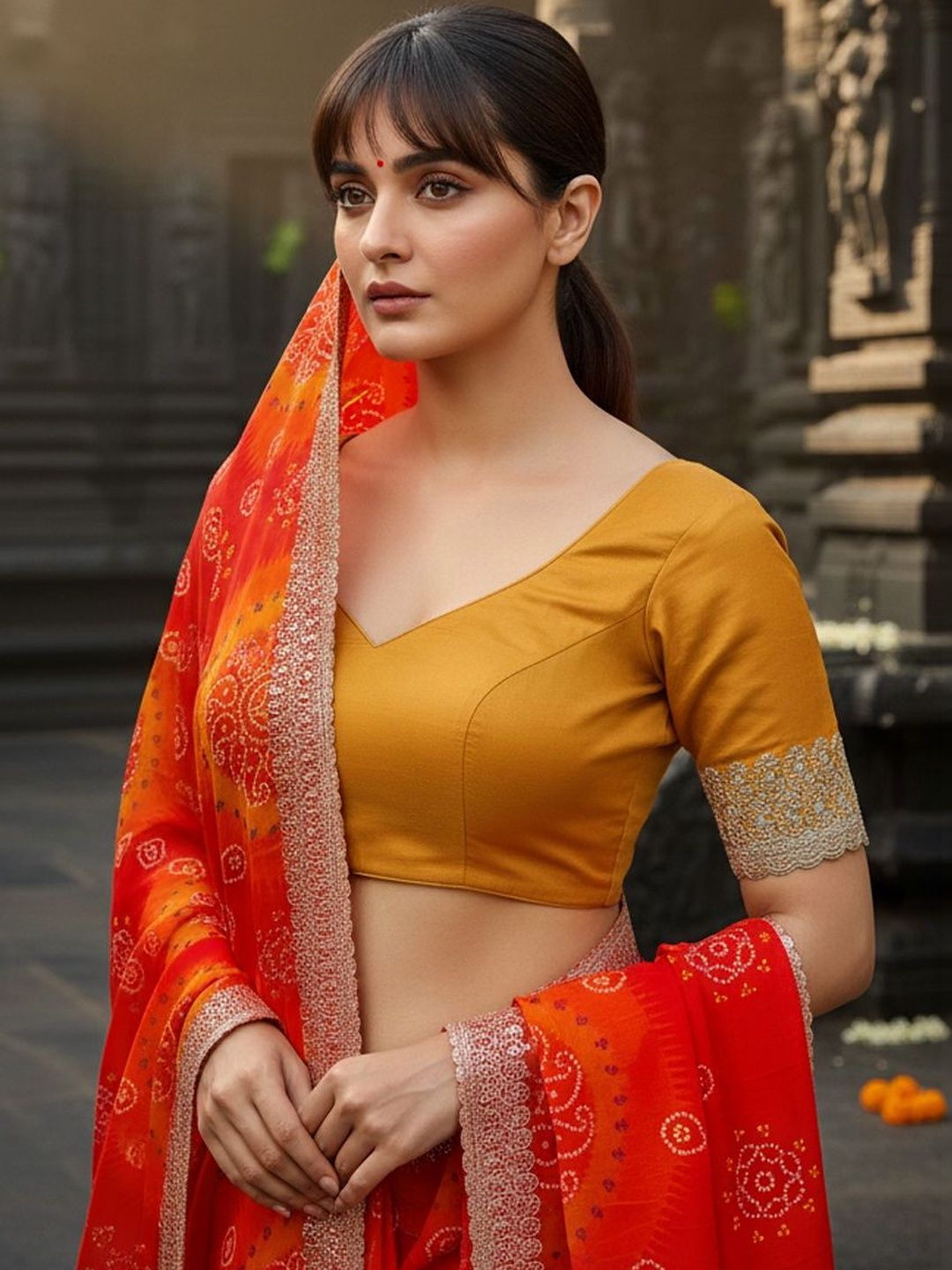 FABLAND Pure Georgette Embroidered Bandhani Saree Women