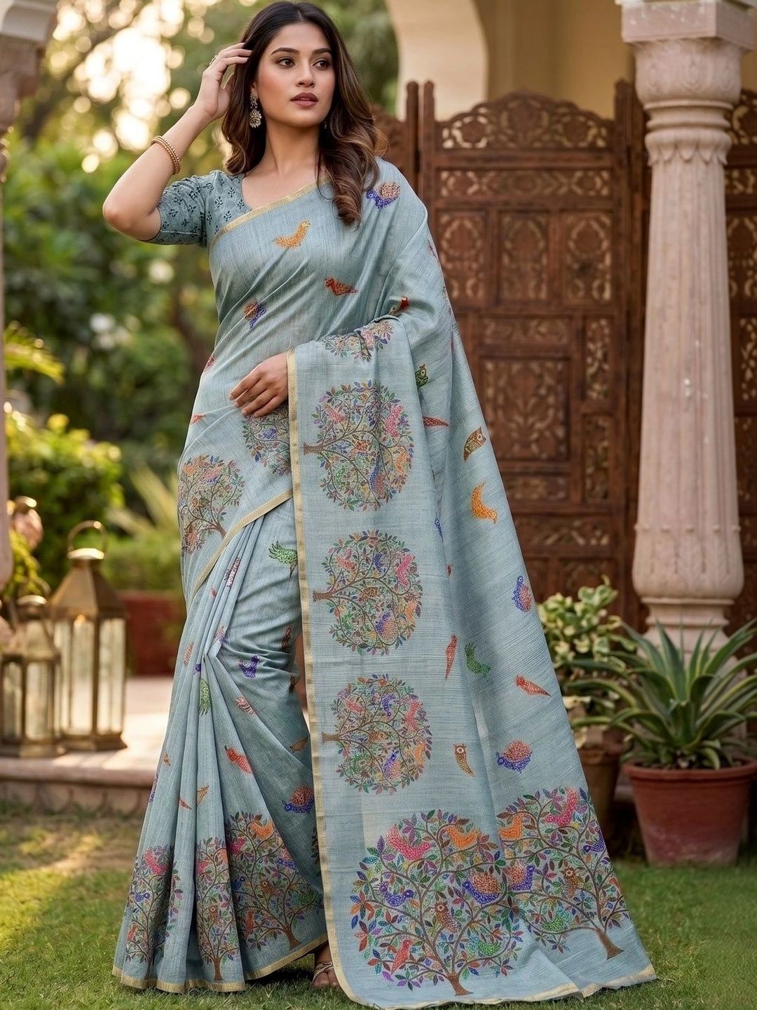 Fevinaa Pure Linen Kalamkari Zari Saree