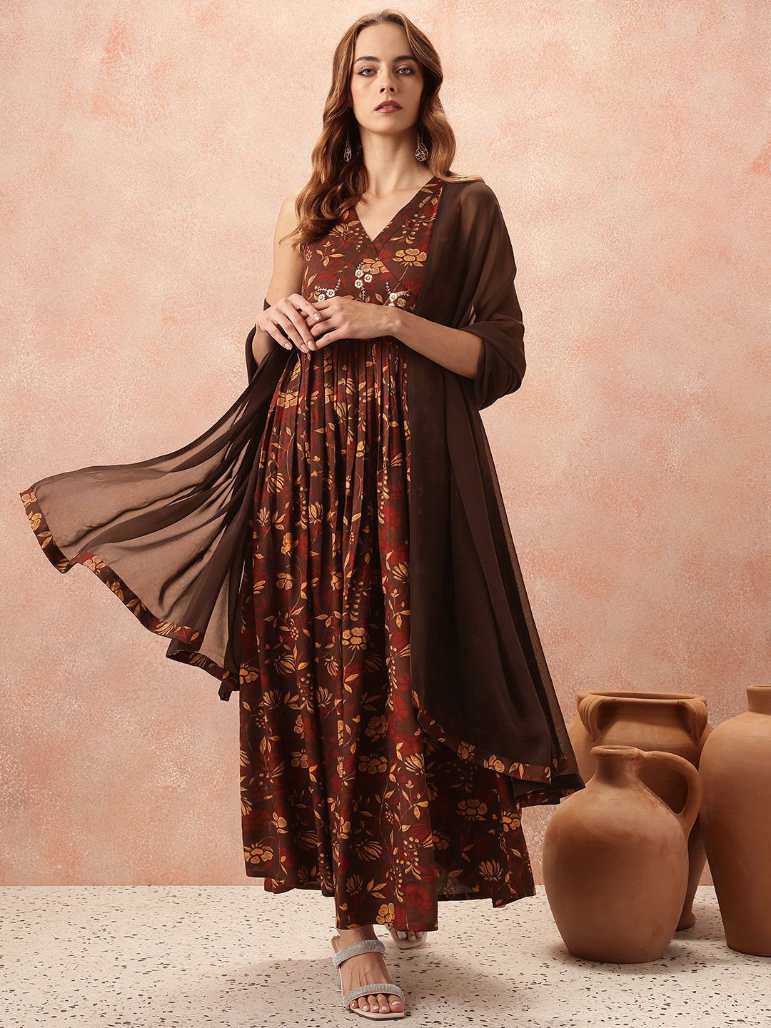 Flared Floral Print Indo-Western & Ethnic Dress