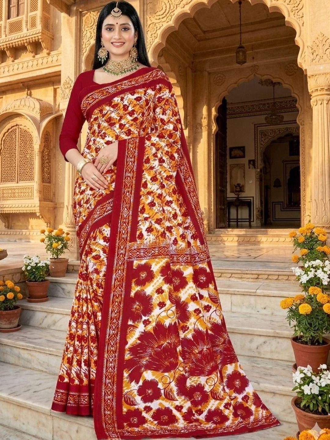 Floral Cotton Bandhani Saree Women