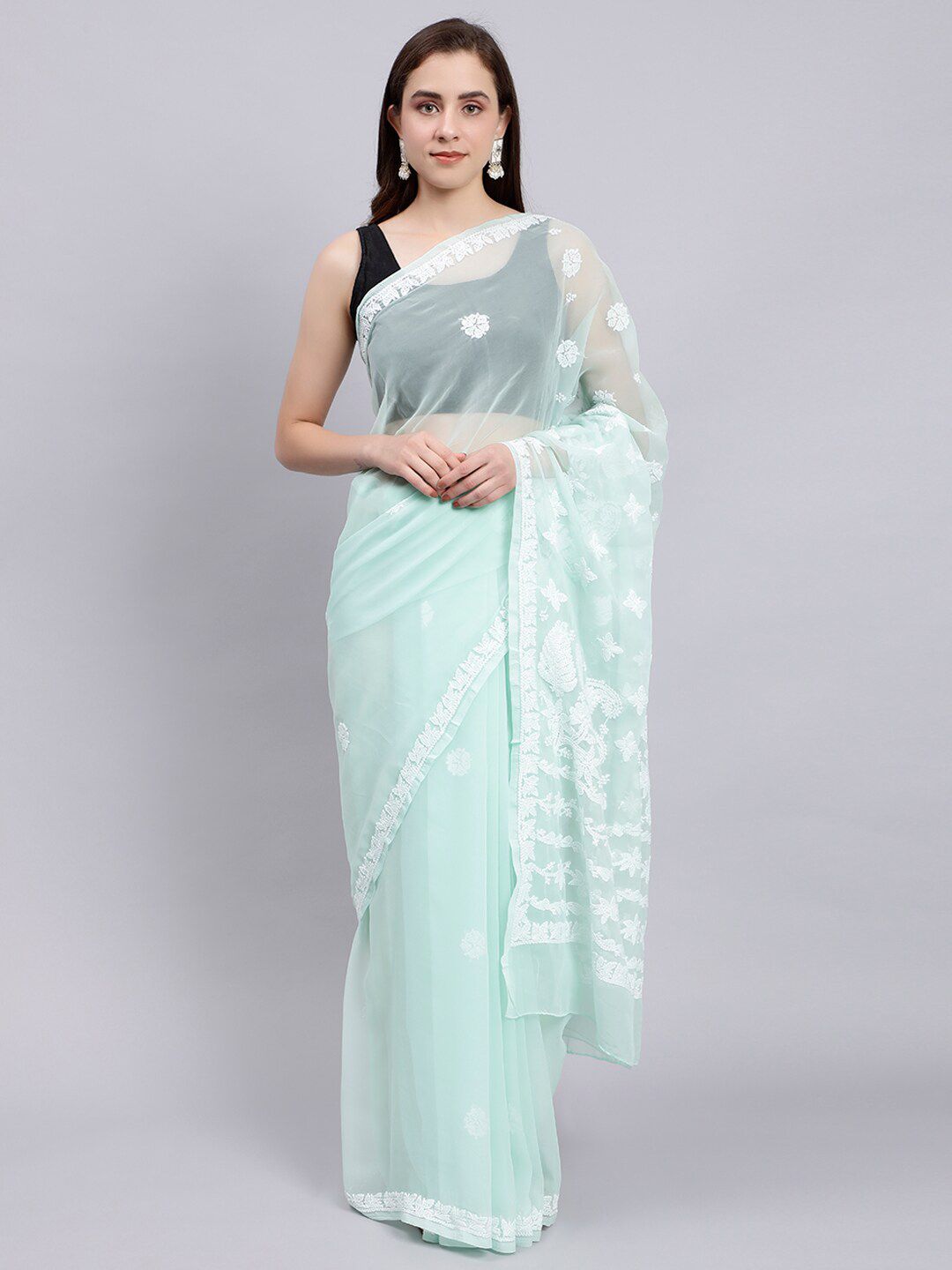 Floral Embroidered Chikankari Saree