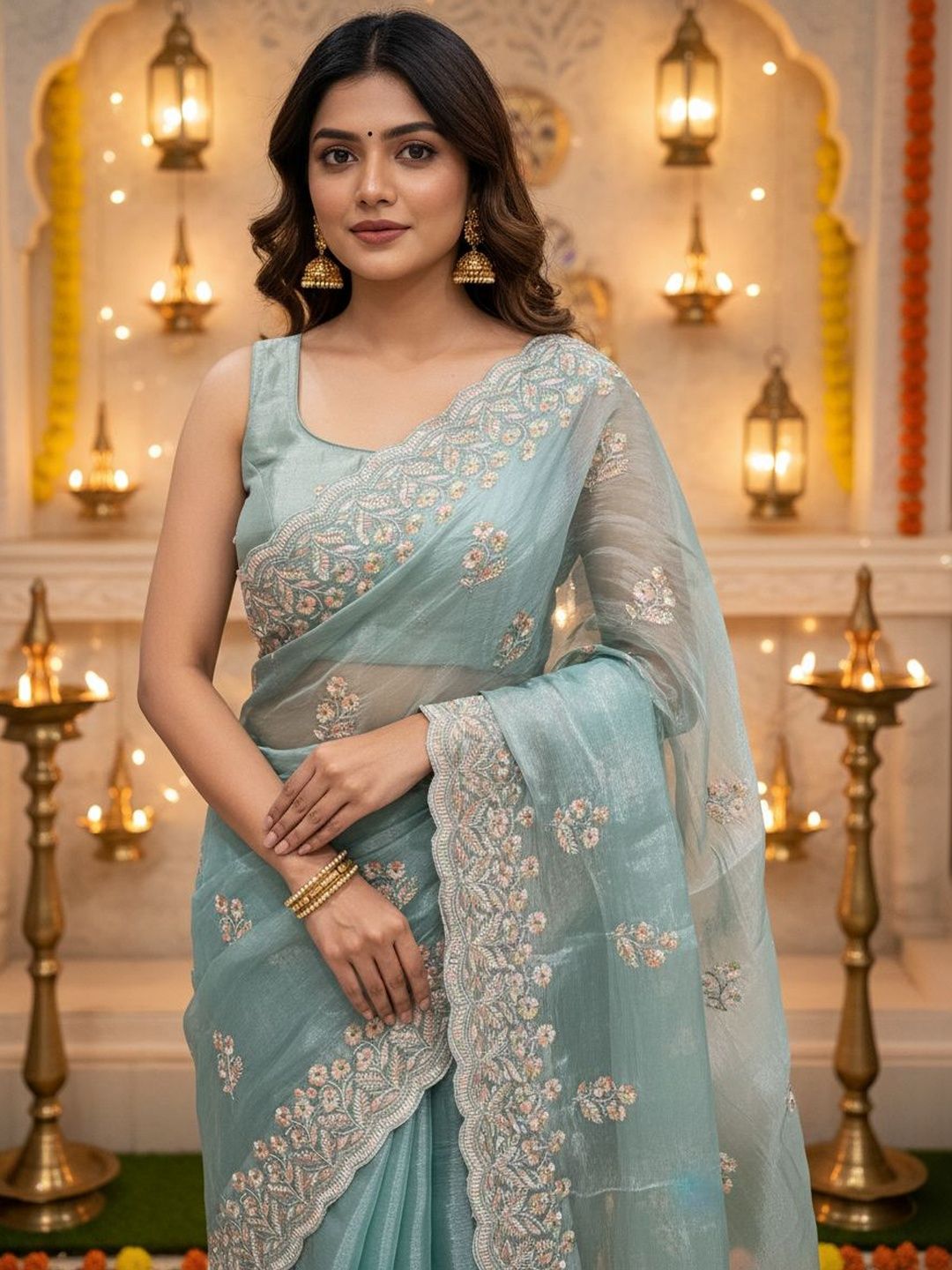 Floral Embroidered Organza Ikat Sarees