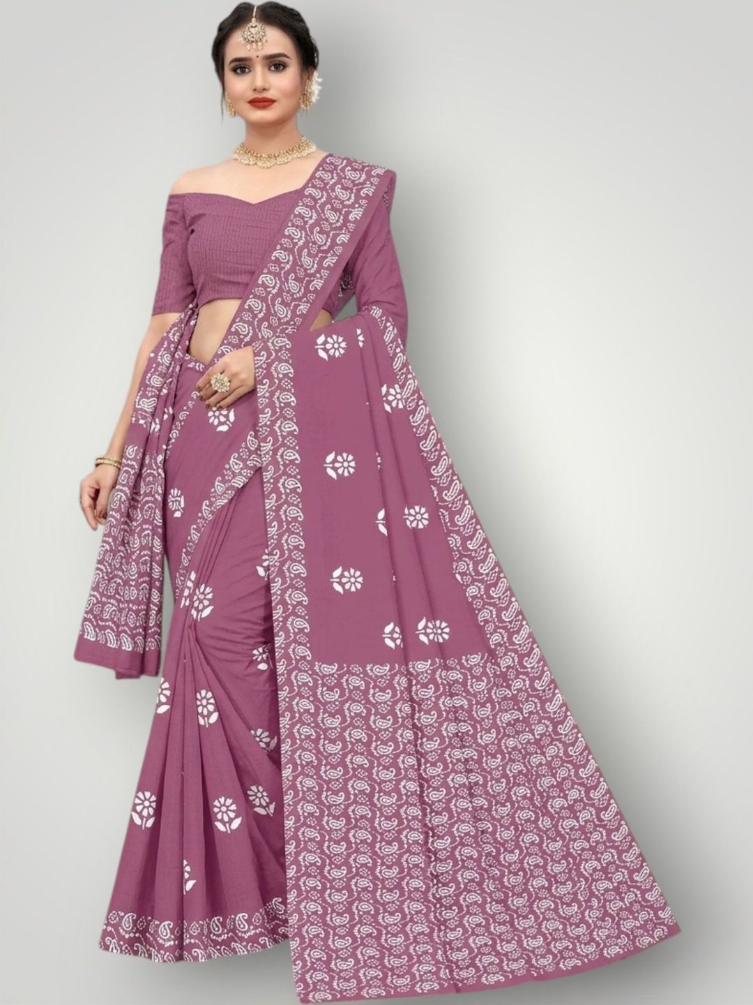 Floral Print Cotton Bandhani Saree Women