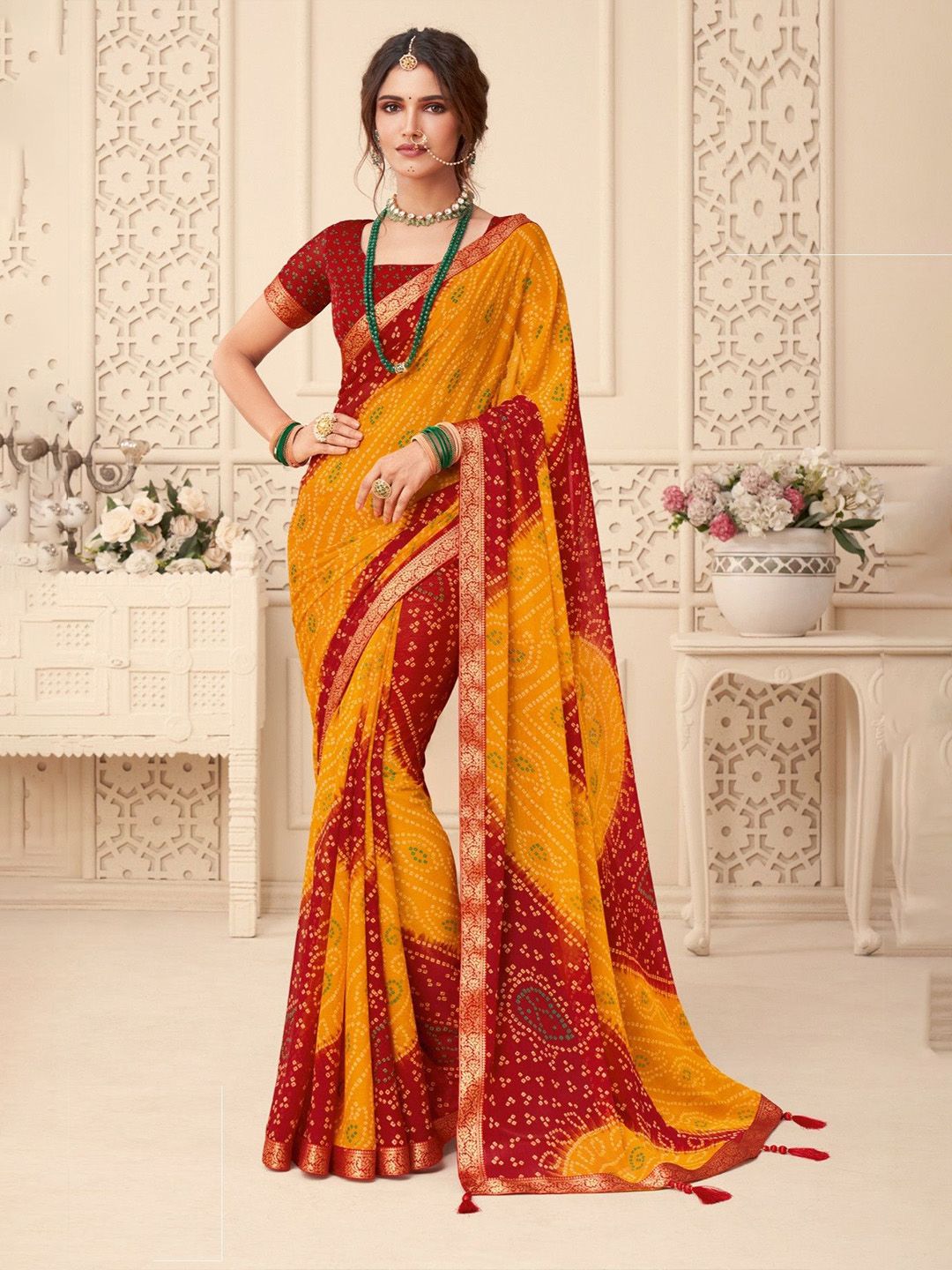 Geometric Chiffon Bandhani Saree Women