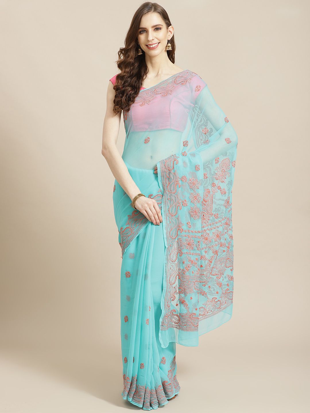 Hand Embroidered Sea Green Chikankari Saree