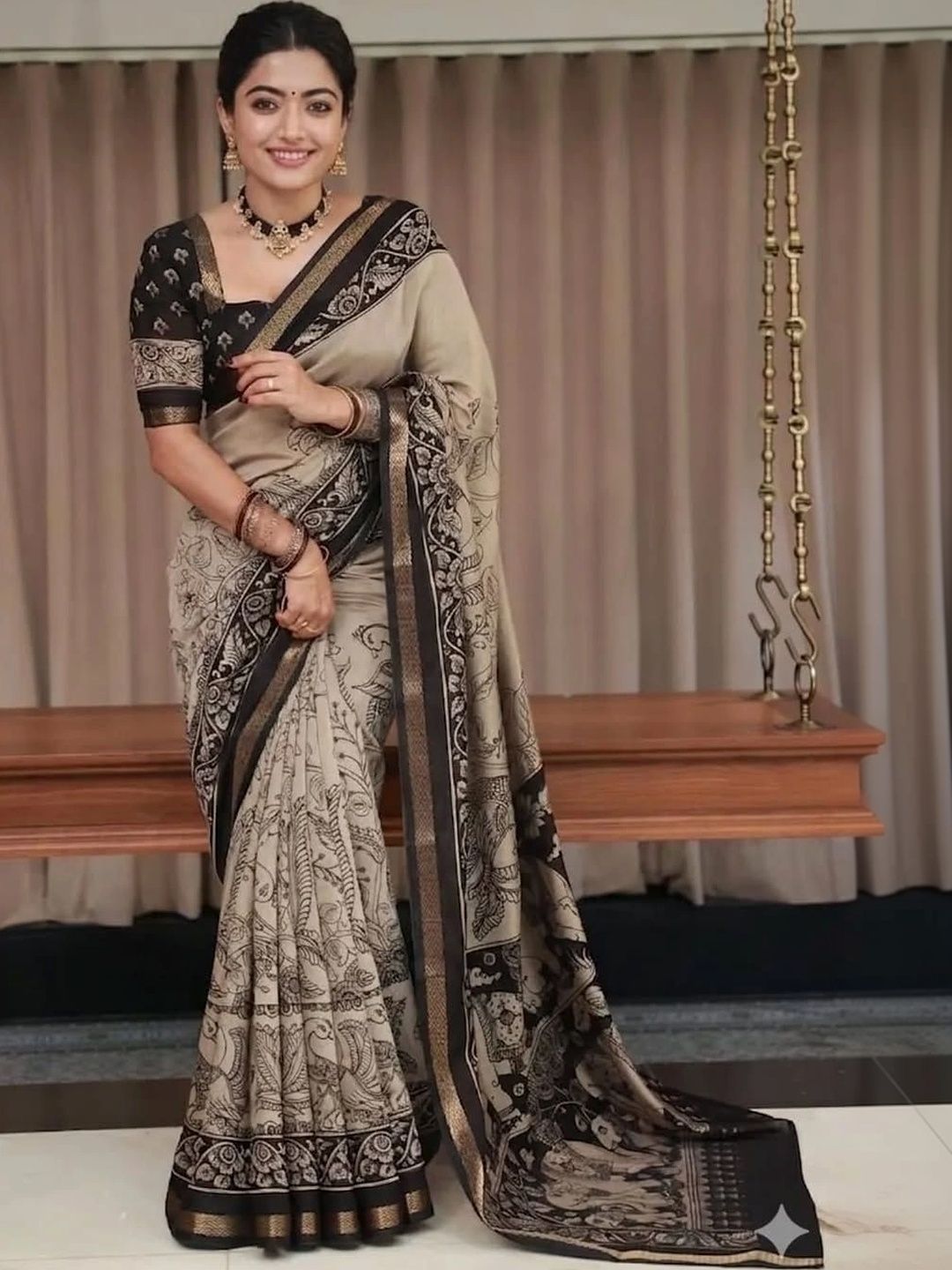 Handloom Silk Cotton Kalamkari Saree with Traditional Motifs
