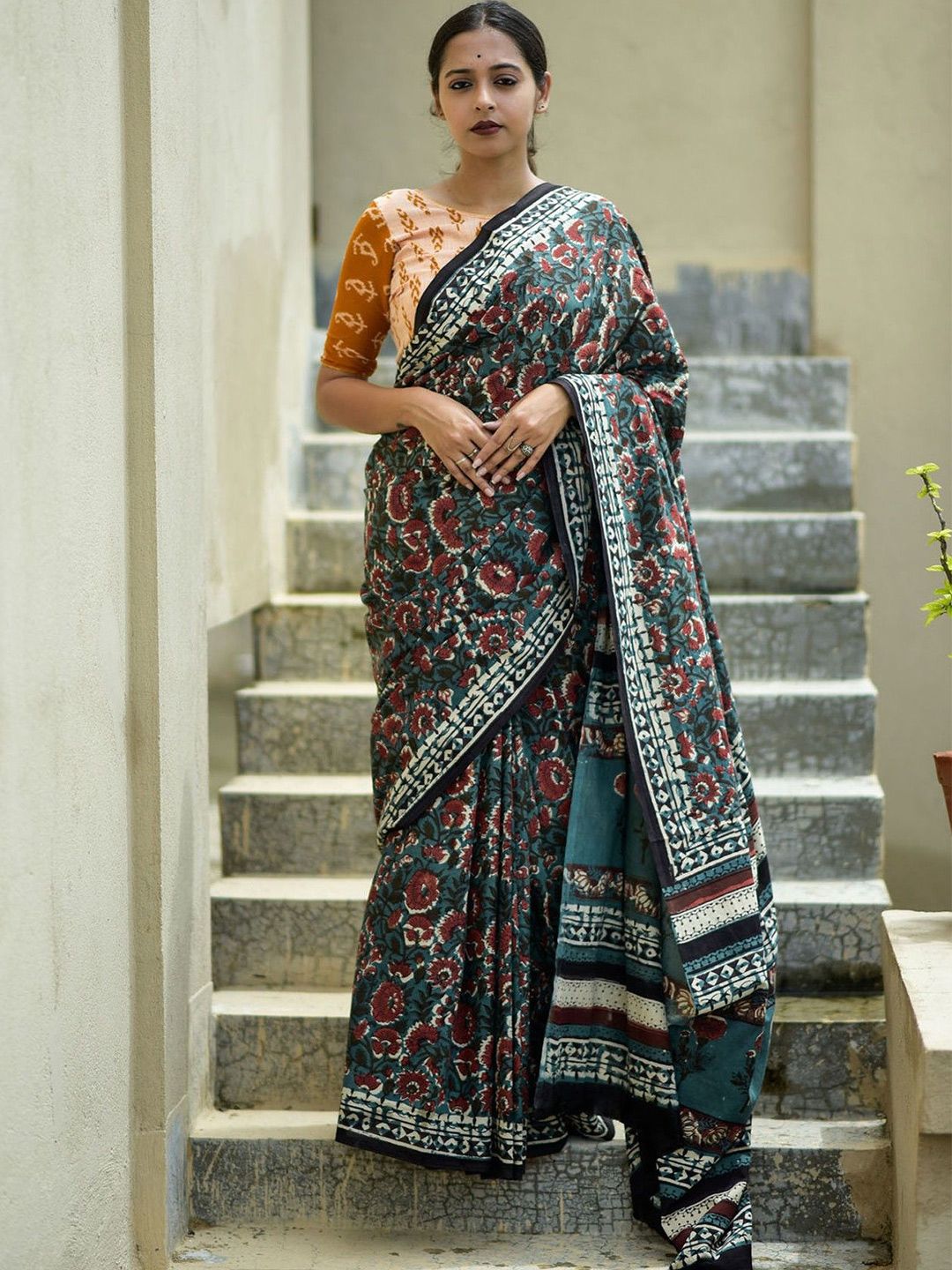 HERE&NOW Pure Cotton Bagru Kalamkari Saree
