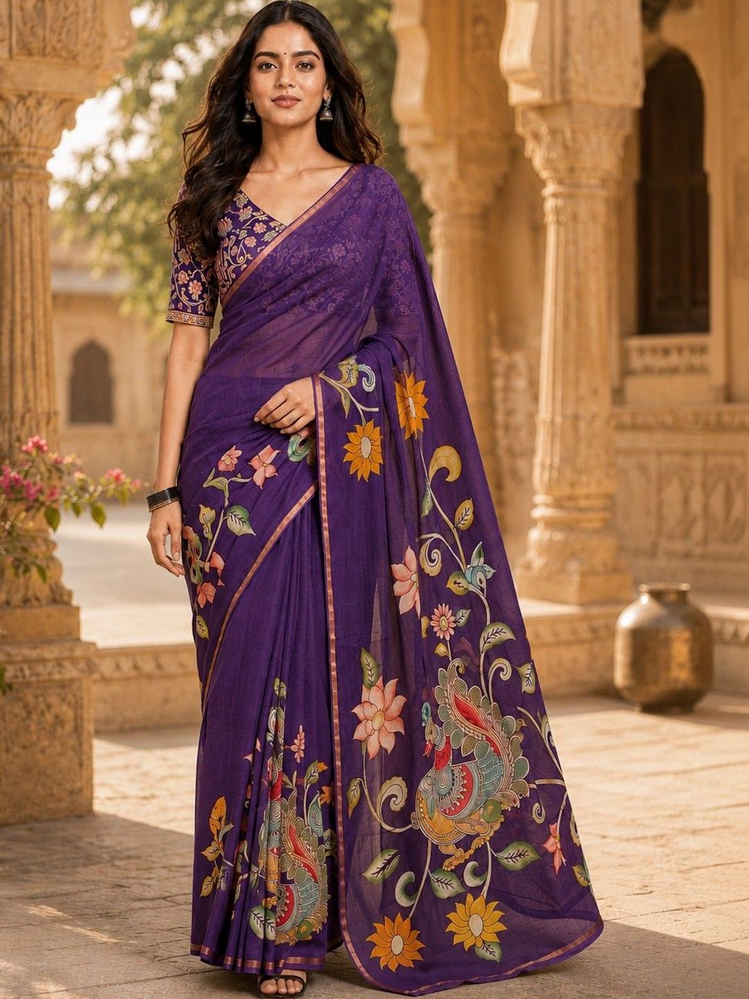 HERE&NOW Silk Blend Kalamkari Saree
