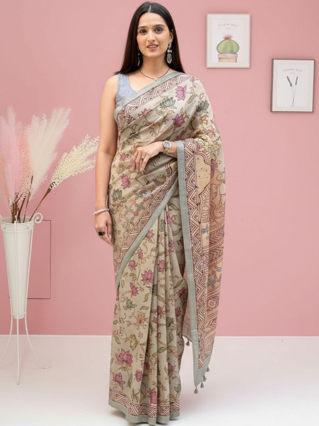 House of Pataudi Artistic Grey Silk Saree