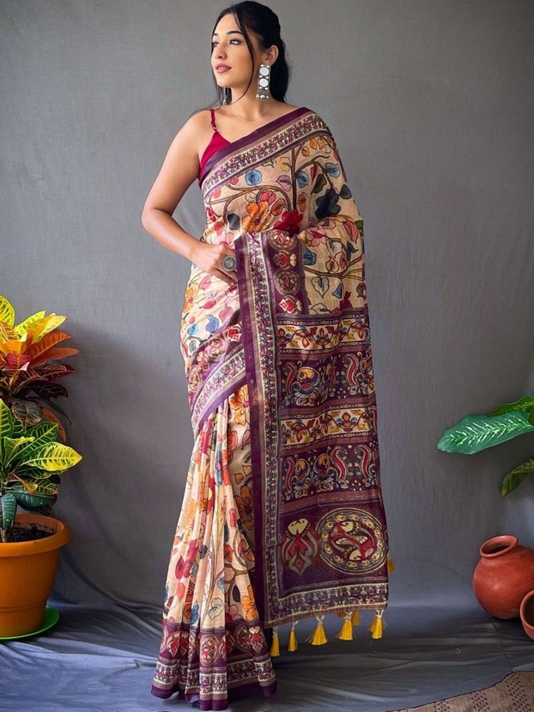 House of Pataudi Printed Cotton Kalamkari Saree