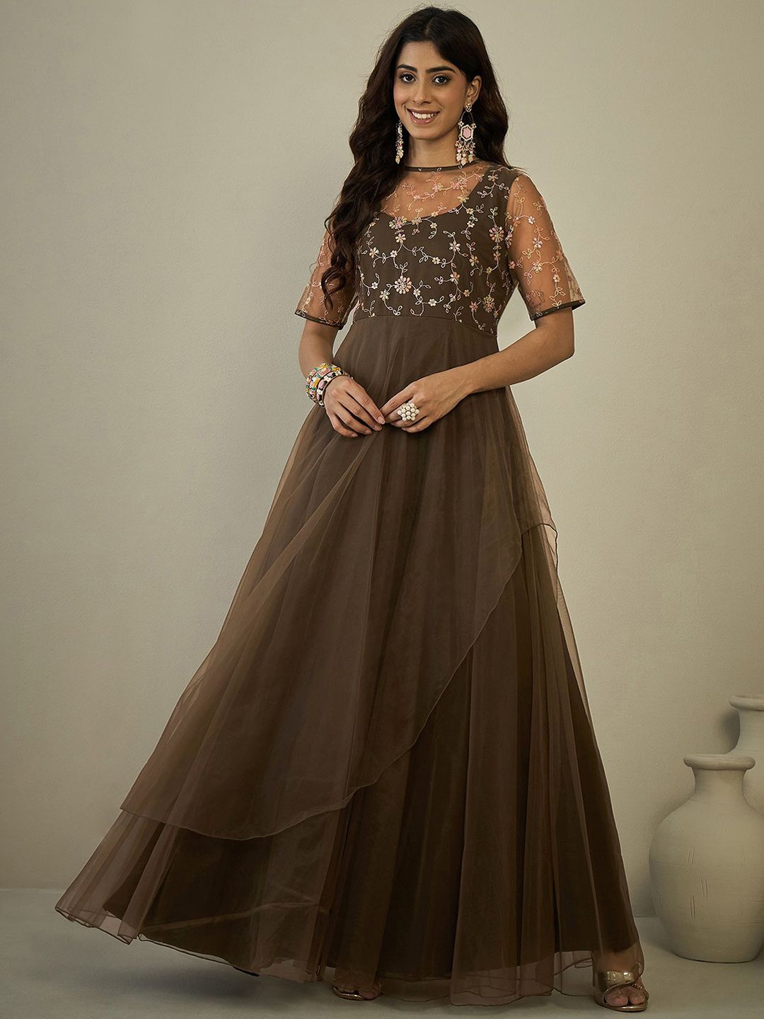 Inddus Floral Embroidered A-Line Maxi Dress