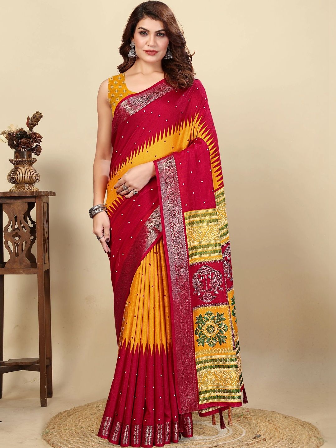 J 6 DESIGNER Silk Blend Kalamkari Saree with Beads