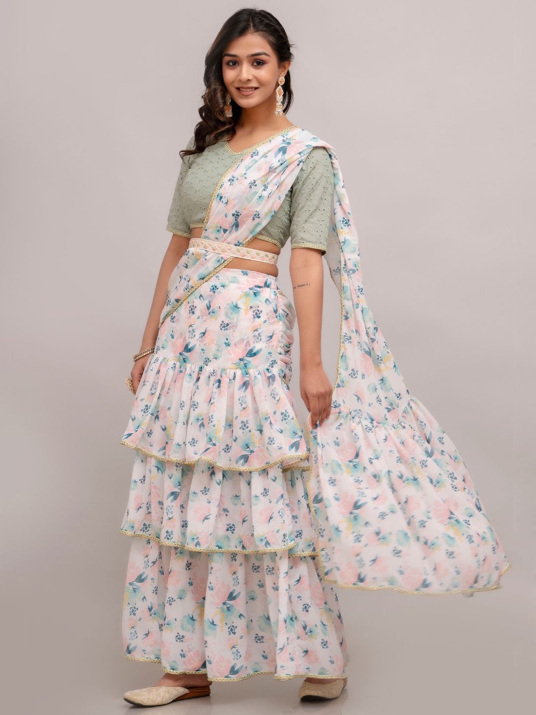 Jaipurite Floral Chikankari Pure Georgette Block Print Saree