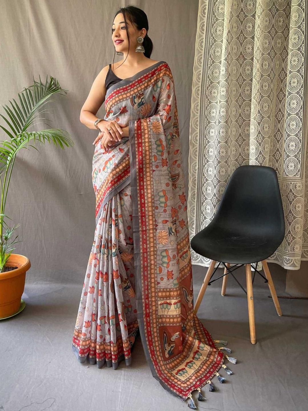 KALINI Grey Printed Cotton Blend Saree